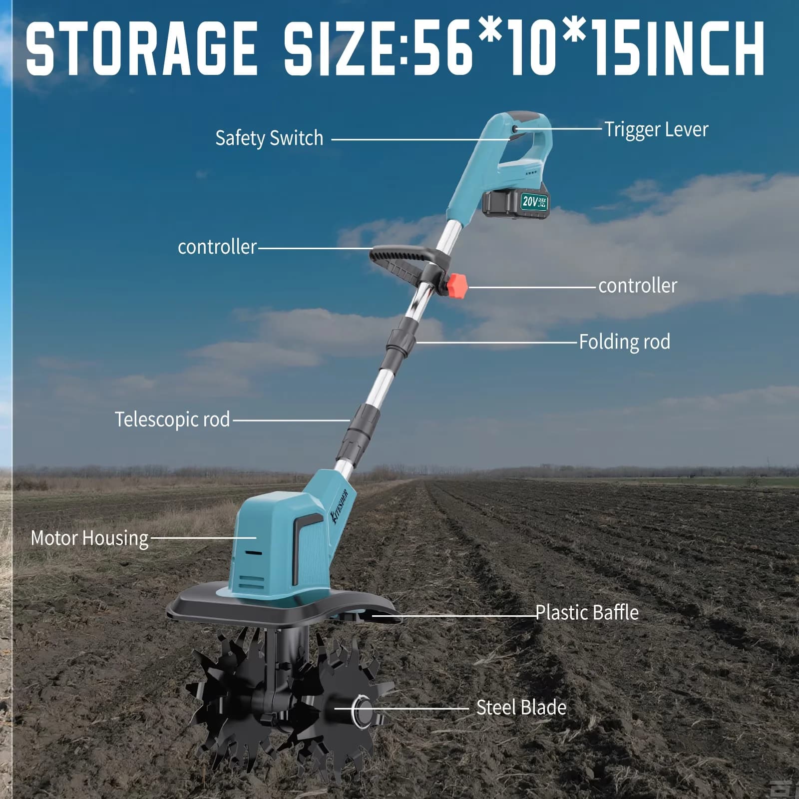 Versatile Trillers Cultivator with Battery, Garden Tiller, Manganese Steel Tines - Model 7E00EA
