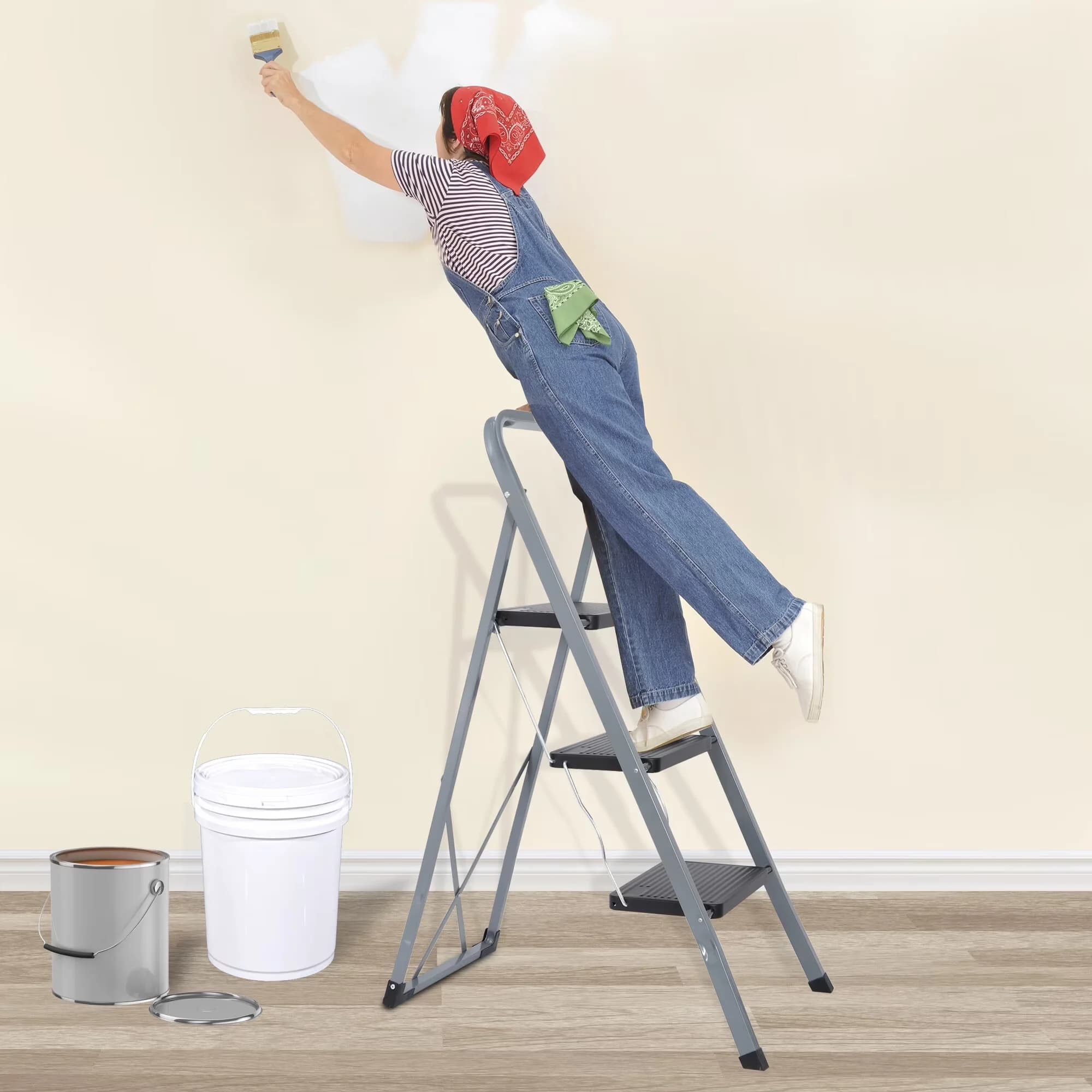 Efficient Ladders And Step Stool with Color: Gray & Black, Handgrip, Open Dimensions: 28" L x 18" W x 41" H - Steel 3-Step Model 663F2F