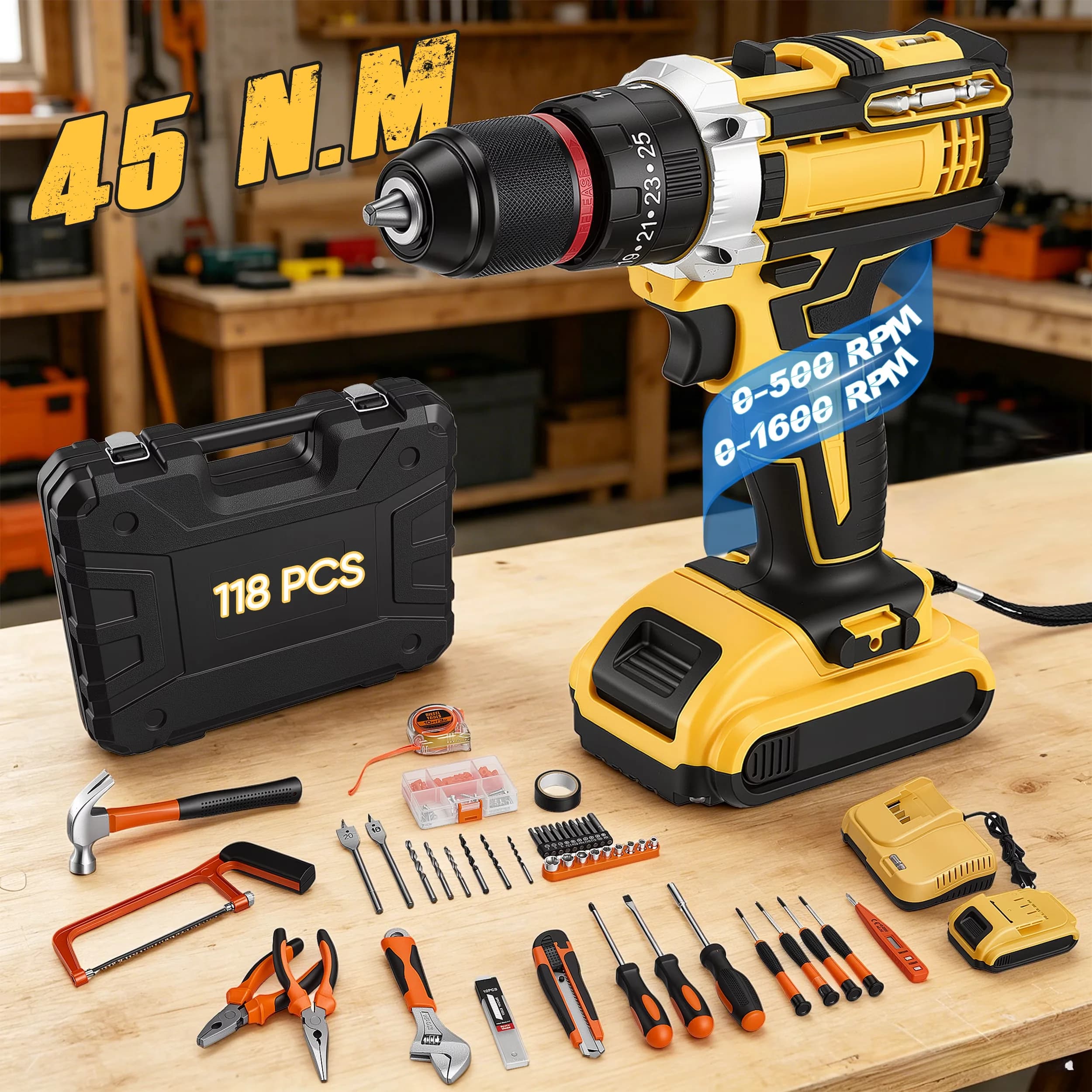 Versatile Drills Driver with Battery, 21V, 118 Piece Household Tool Kit - Yellow for Home Model BC364D
