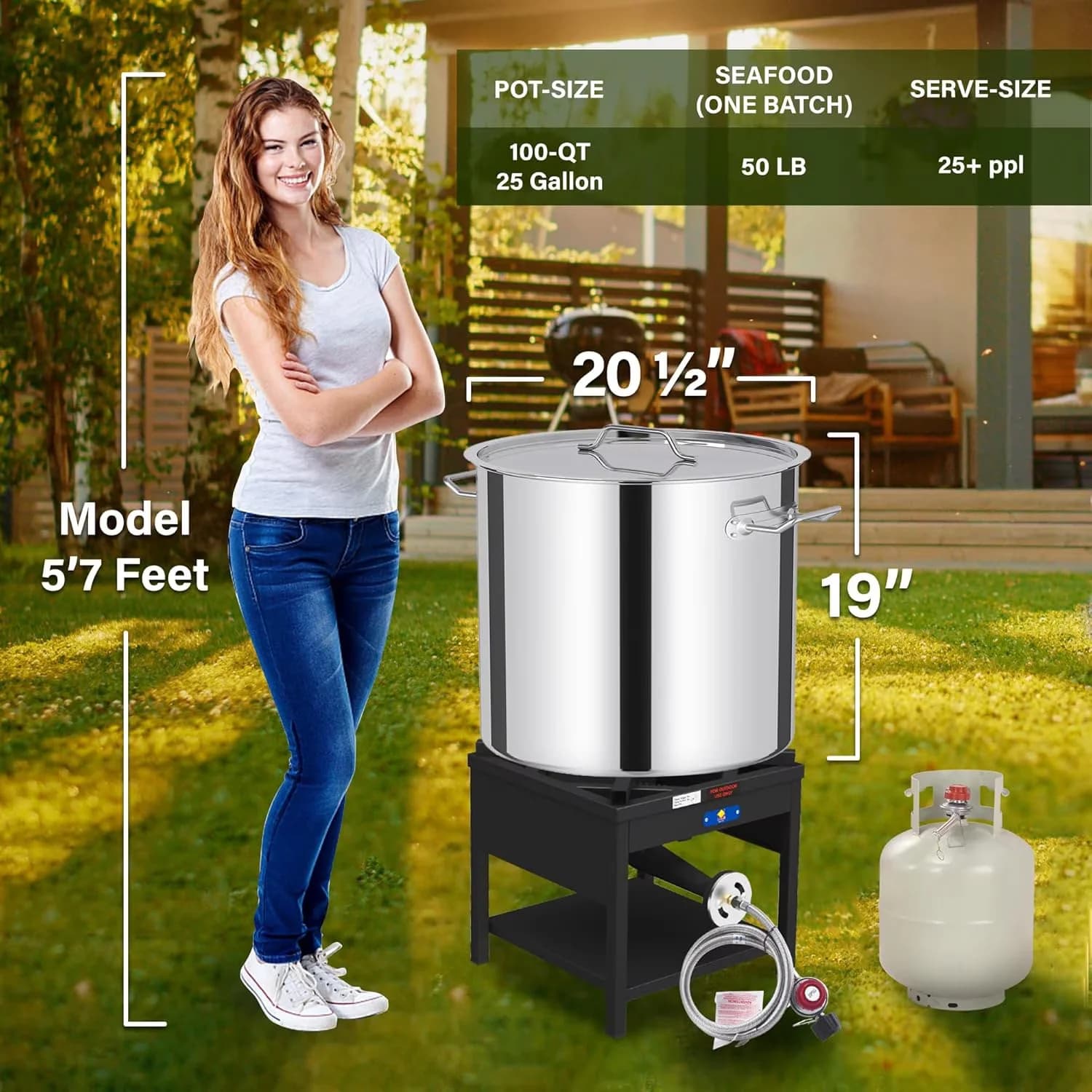 Efficient Outdoor Fryer with 200000 BTU, Heat Resistant Handle, 48" Large Spoon - Silver Cast Iron for Large Model 715EBC