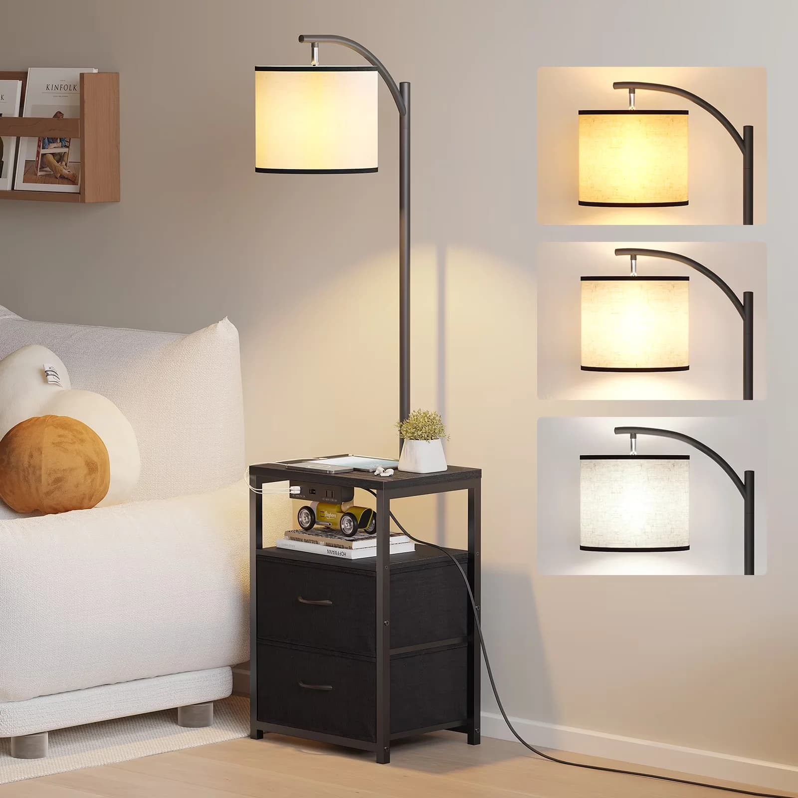 Floor Lamp Reliable with LED, Modern, Table & 2 Drawers - Black Iron - Ergonomic Design Model F9ADED