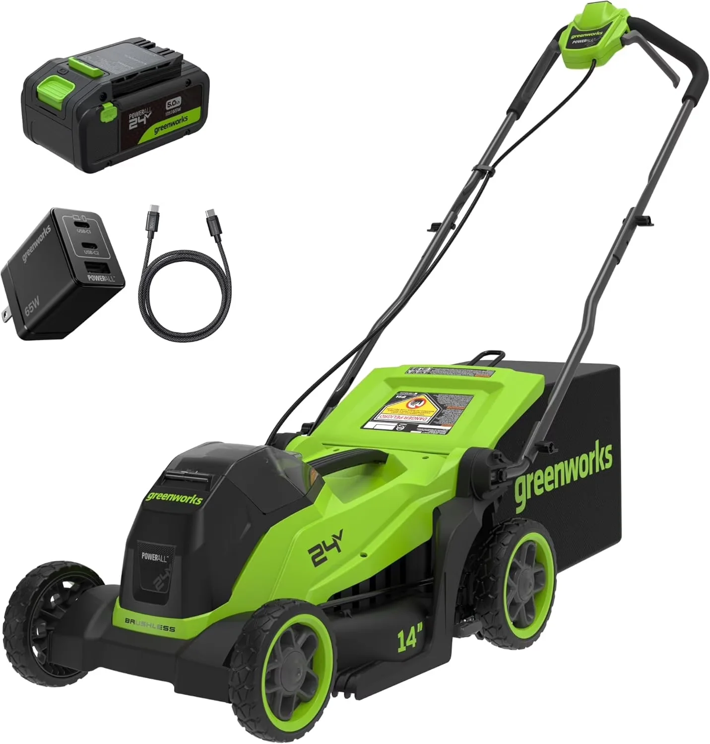 Premium Push Mower with Battery, 65W, 24V 14″ Brushless Cordless Lawn Kit - Green Model C596B5