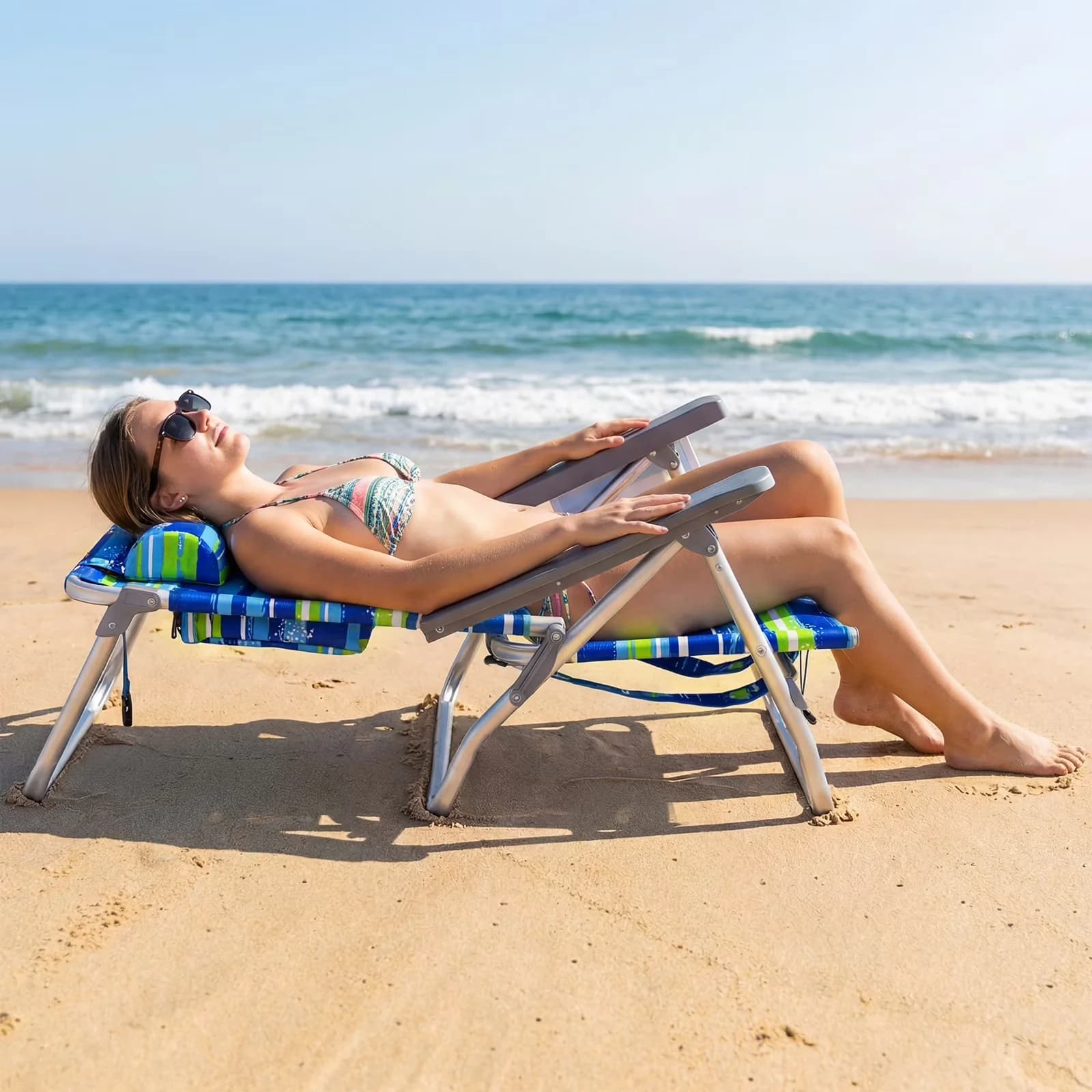 Quality Beach Chair with Adjustable, 5-Position Backrest & Padded Headrest, Cup Holder & Ice Bag Blue Stripe - Blue Model B1CB3A