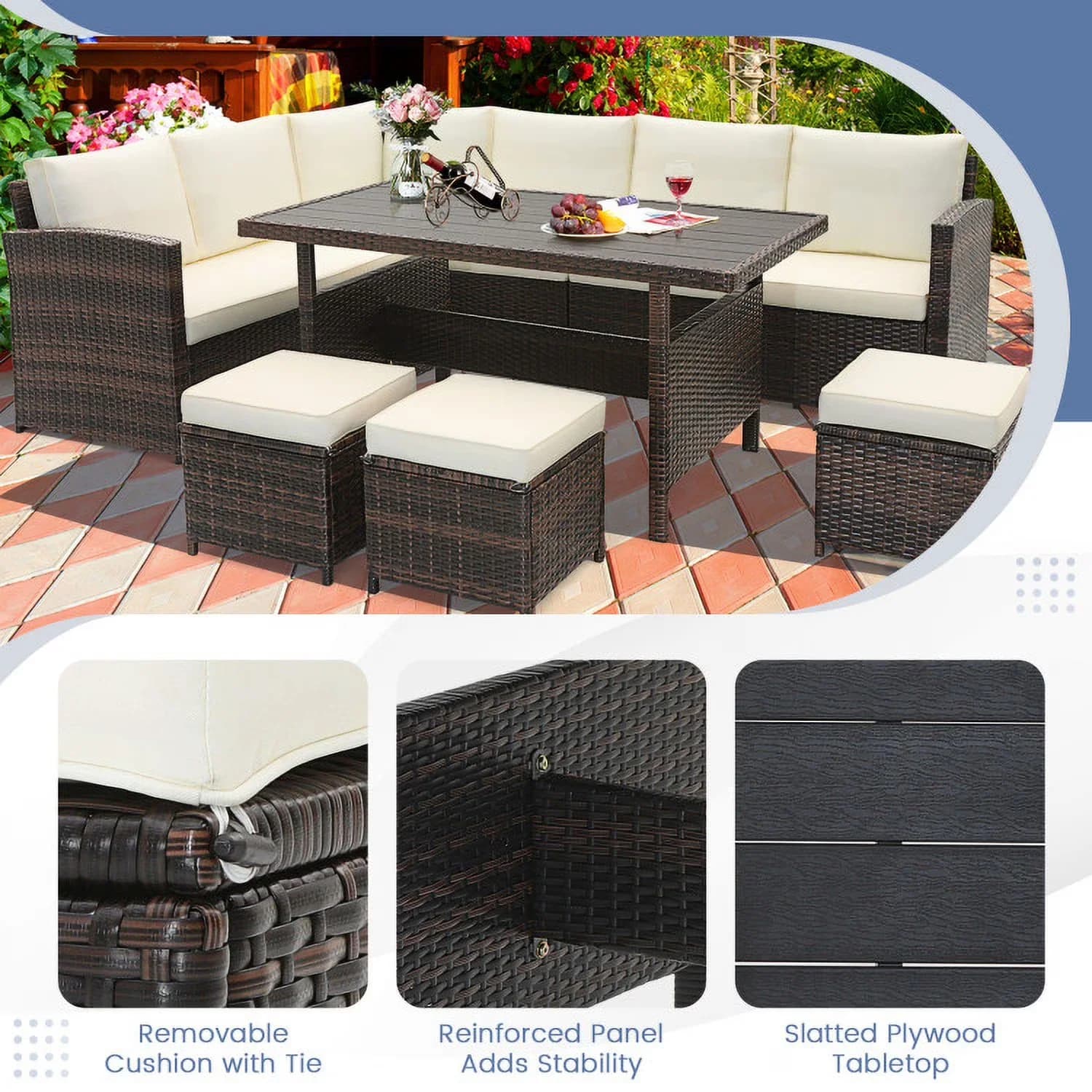 Quality Outdoor Sofas Sectional with Modern, Color:Mixed Brown, White - White Wicker, Polywood, Polyester, Sponge, Metal for Patio Model 600E34