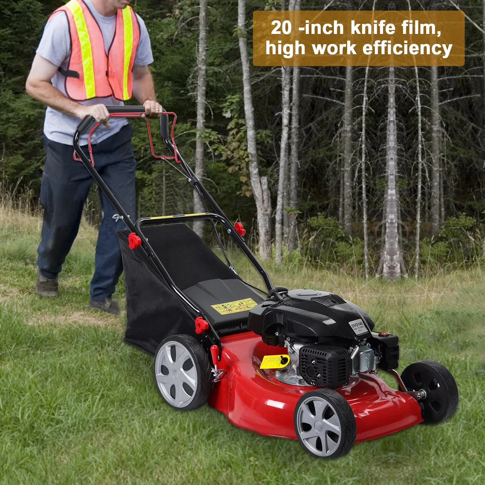 Push Mower Efficient with Folding Handle, 50L Grass Tank - Red for Garden Model A9F531