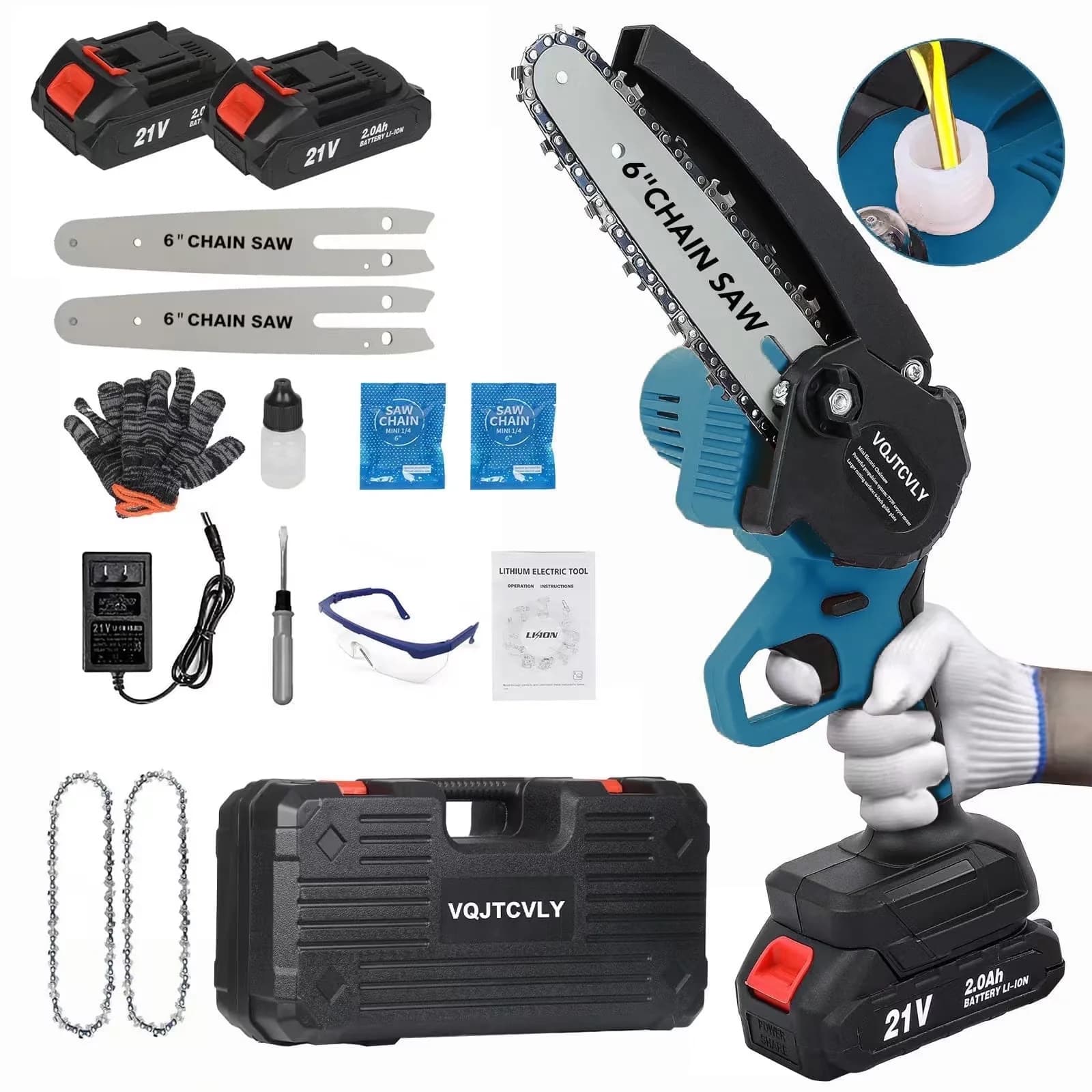Sleek Chainsaw with Battery, Chain Brake, Bumper Spikes - 2x2000mAh - Rustic Charm Model 4FDA32