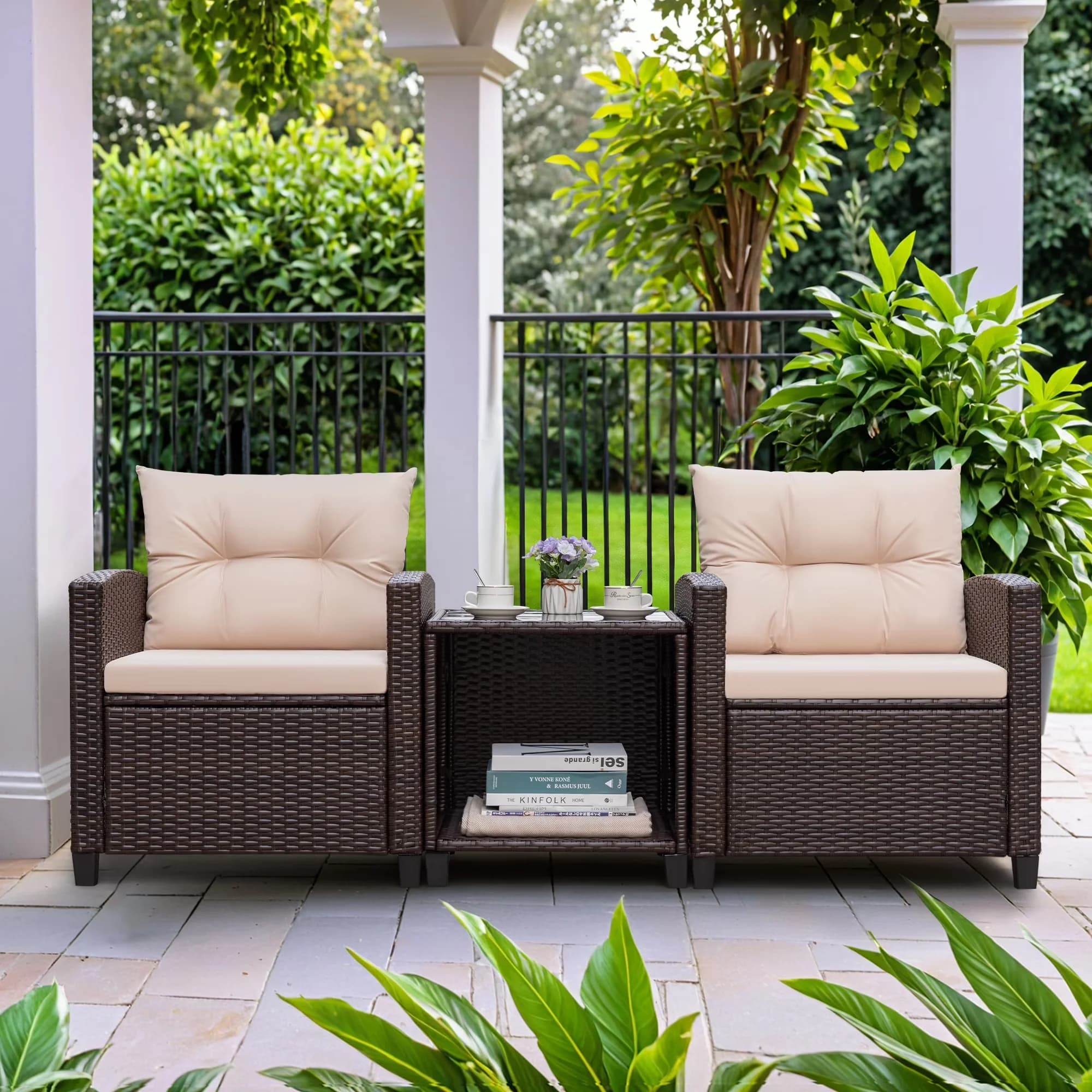 Patio Dining Set Classic with Removable Cushion Cover, 3 Piece Furniture - Rattan Beige for Garden Model 3AAECF