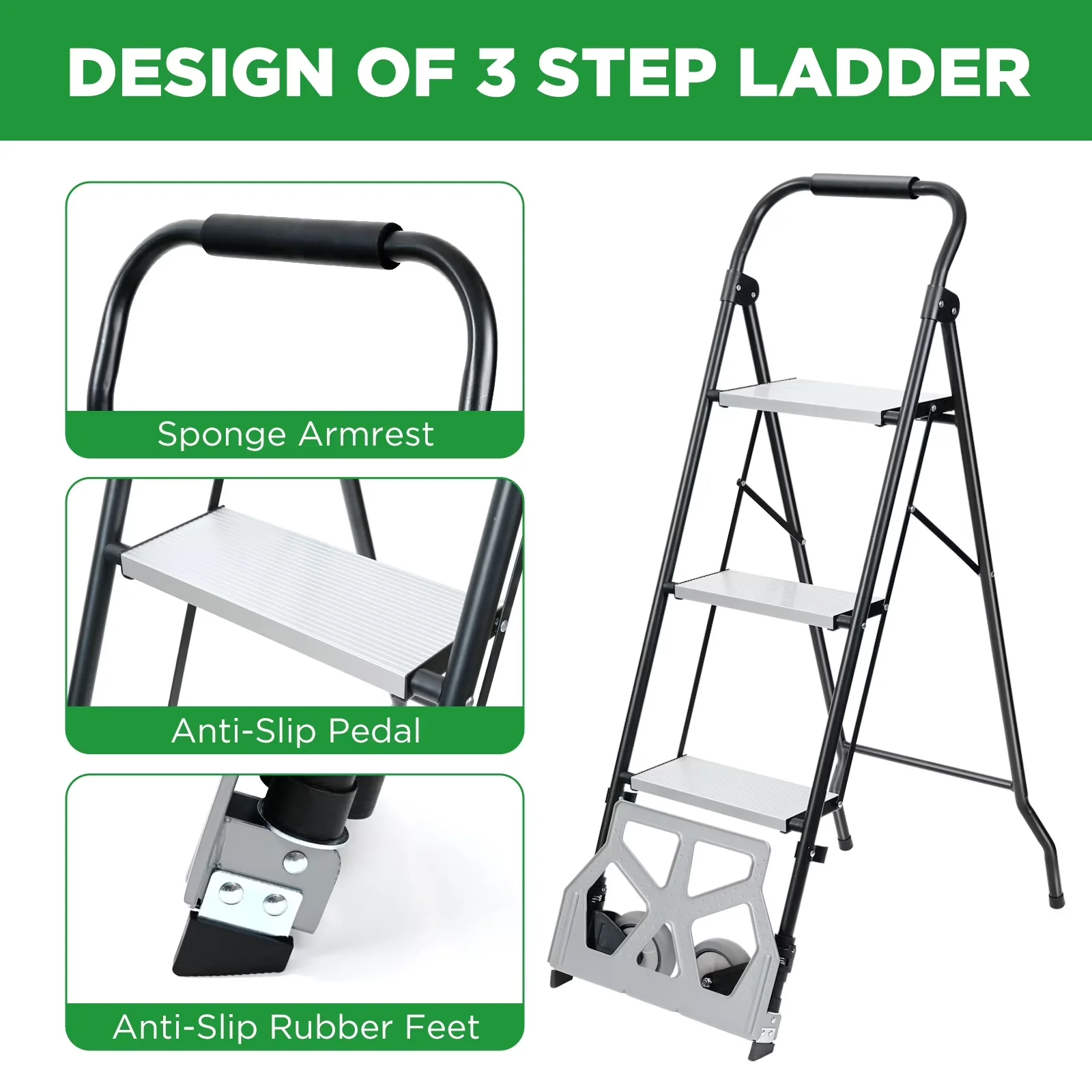 Quality Ladders And Step Stool with Metal Frame, 2 in 1 Ladder & Hand Truck - Black Steel Model F67A51