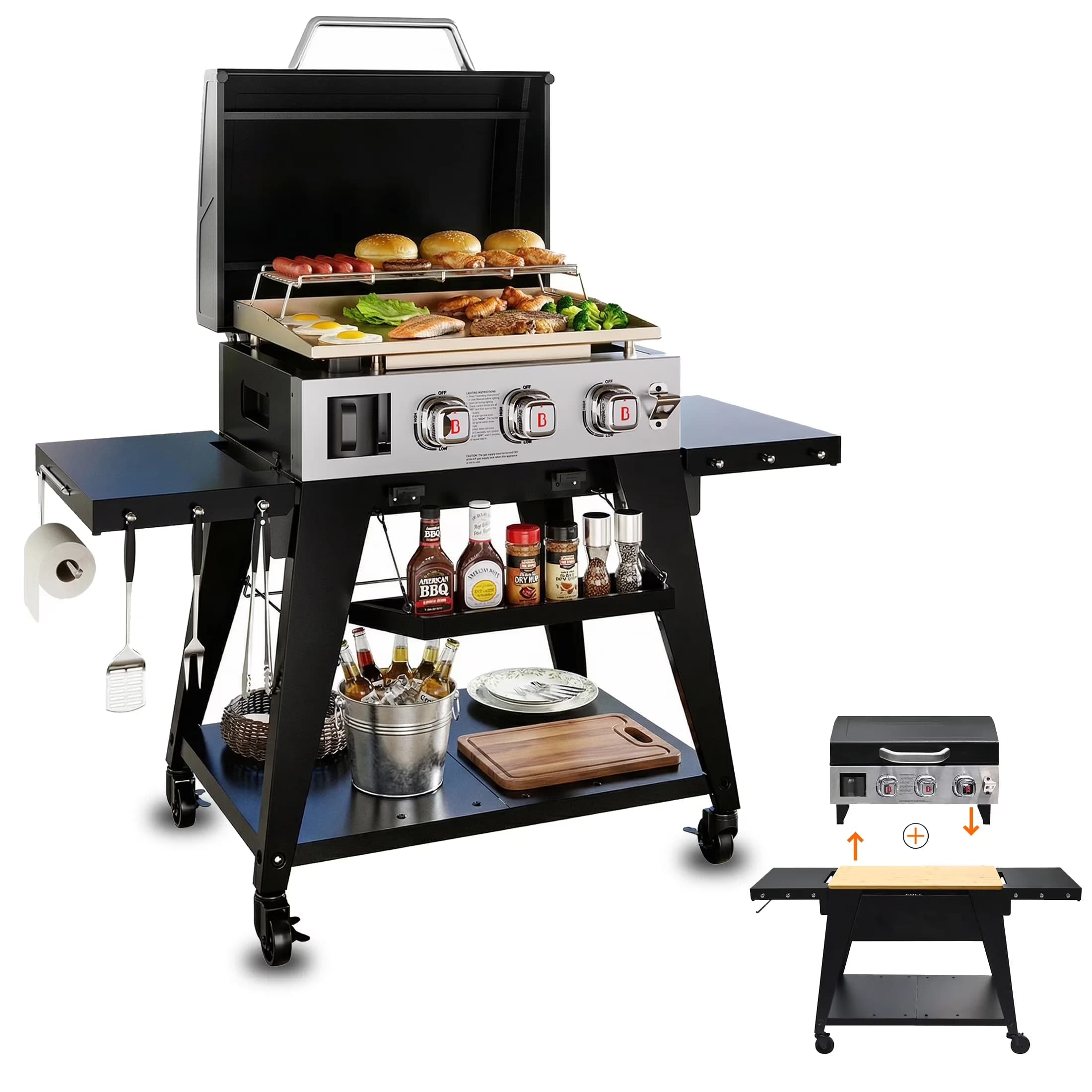 Reliable Flat Top Grill with Portable, Storage Rack, Foldable Legs - Steel Black Model 6A0C55