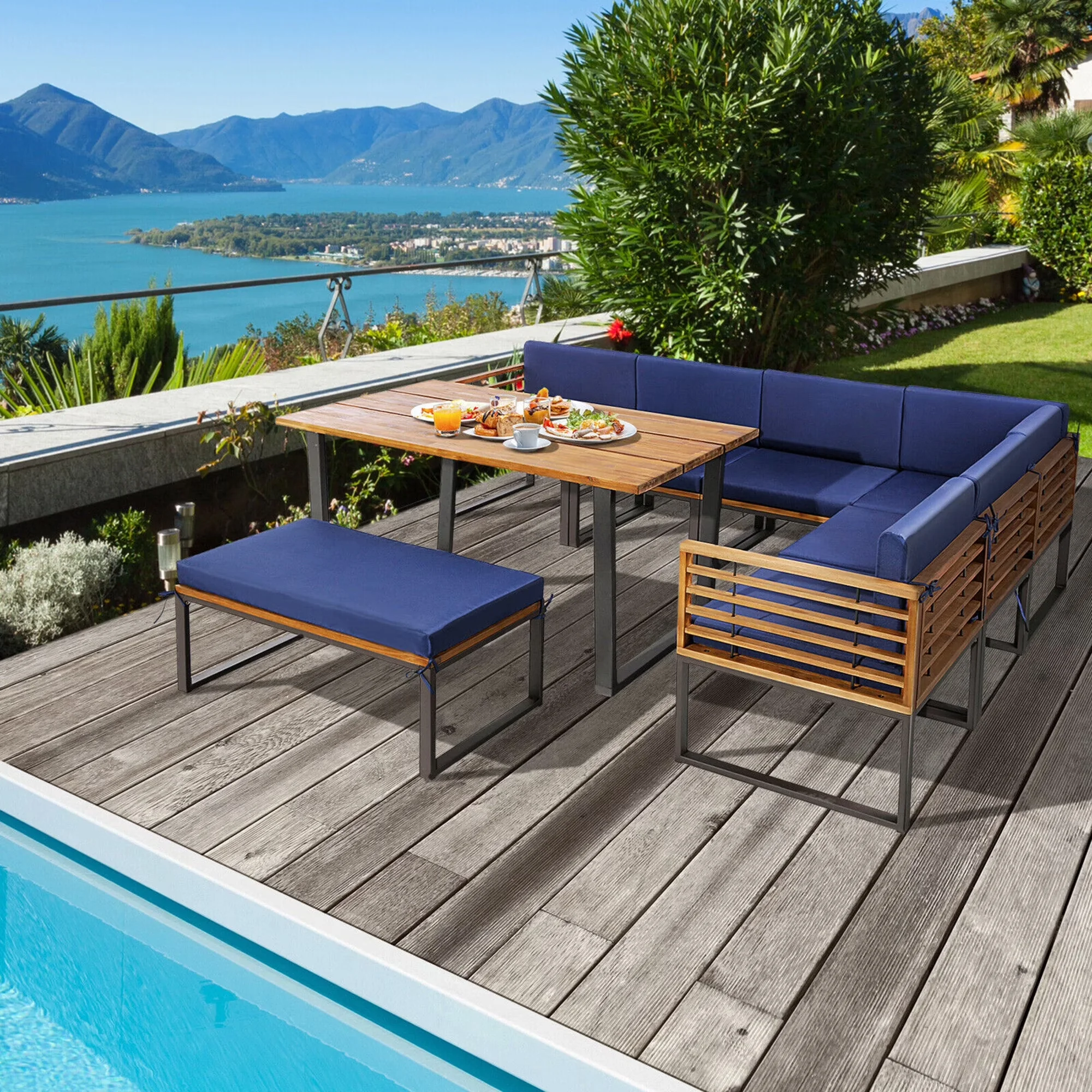 Essential Outdoor Sofas Sectional with Modern - Wood Blue 8PCS - Ergonomic Design Model 3244F6