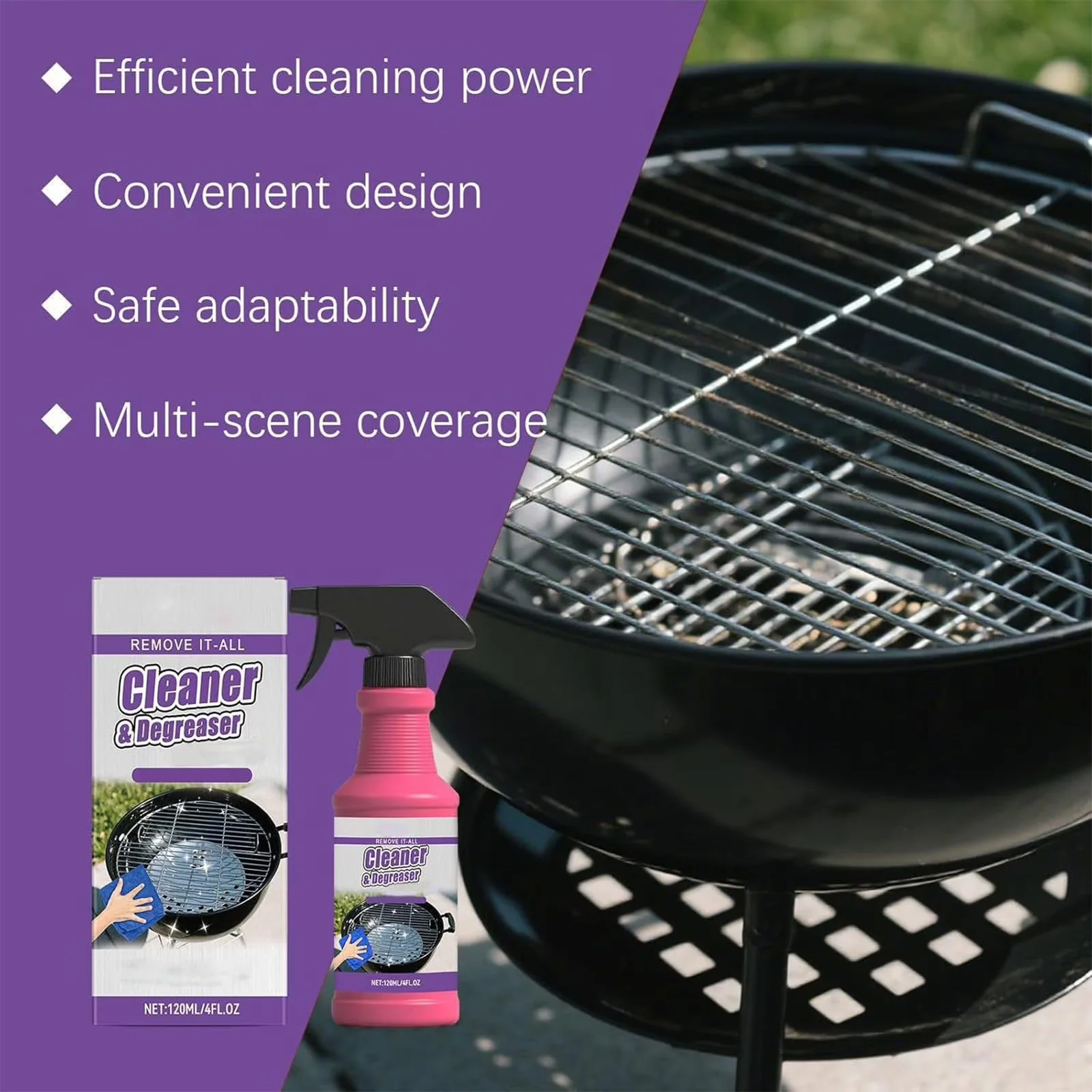 Quality Combo Grill with Portable, Fast-Acting Heavy-Duty Degreaser Spray for Outdoor - Model E23E21