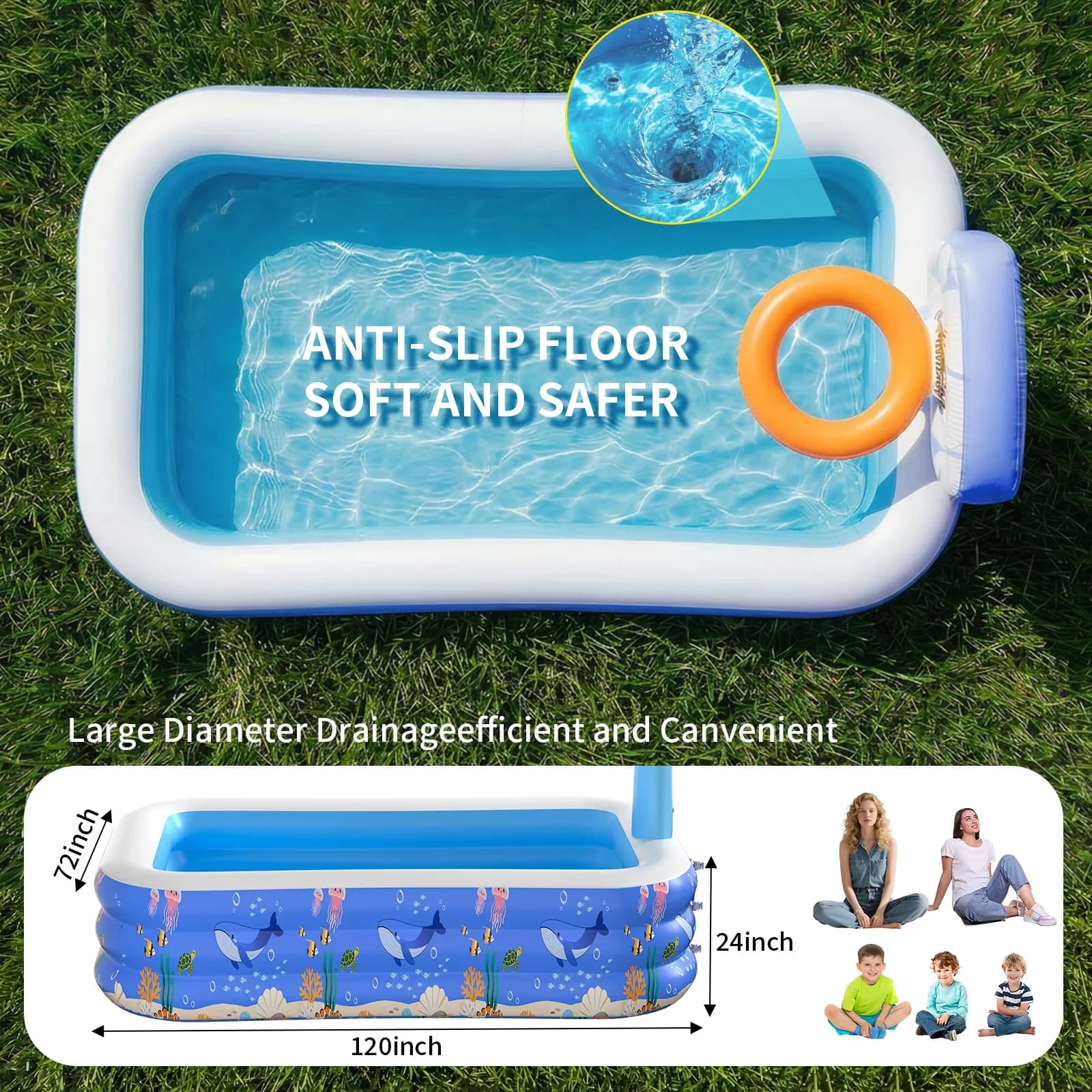Stylish Inflatable Pool with Puncture Proof, Uv Resistant, Swimming - Blue Model 606D6D