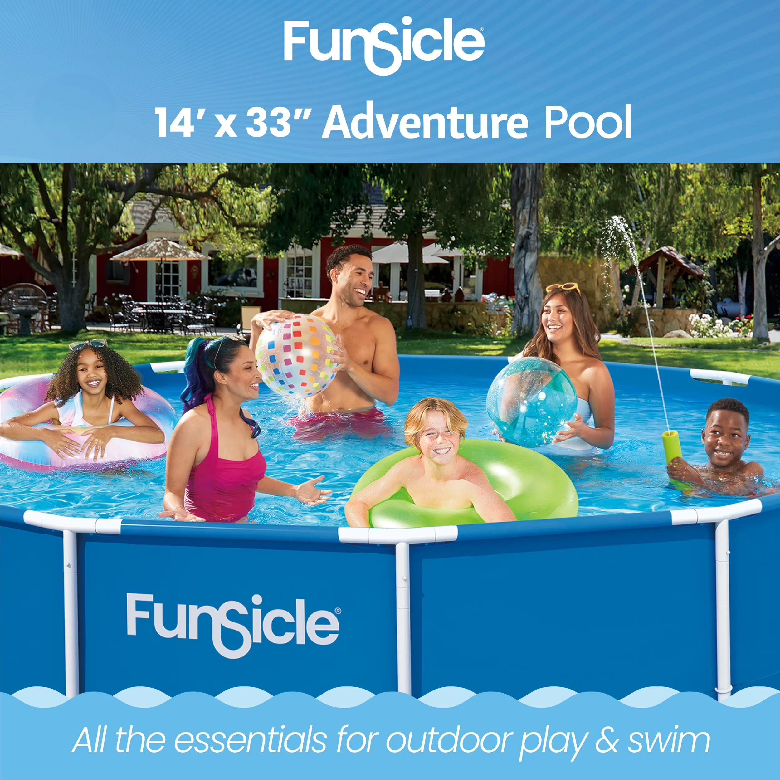 Stylish Above Ground Pool with Puncture Resistant, Age 6 & up, 14ft Adventure Metal Frame Swimming - Blue Model 79F7C8