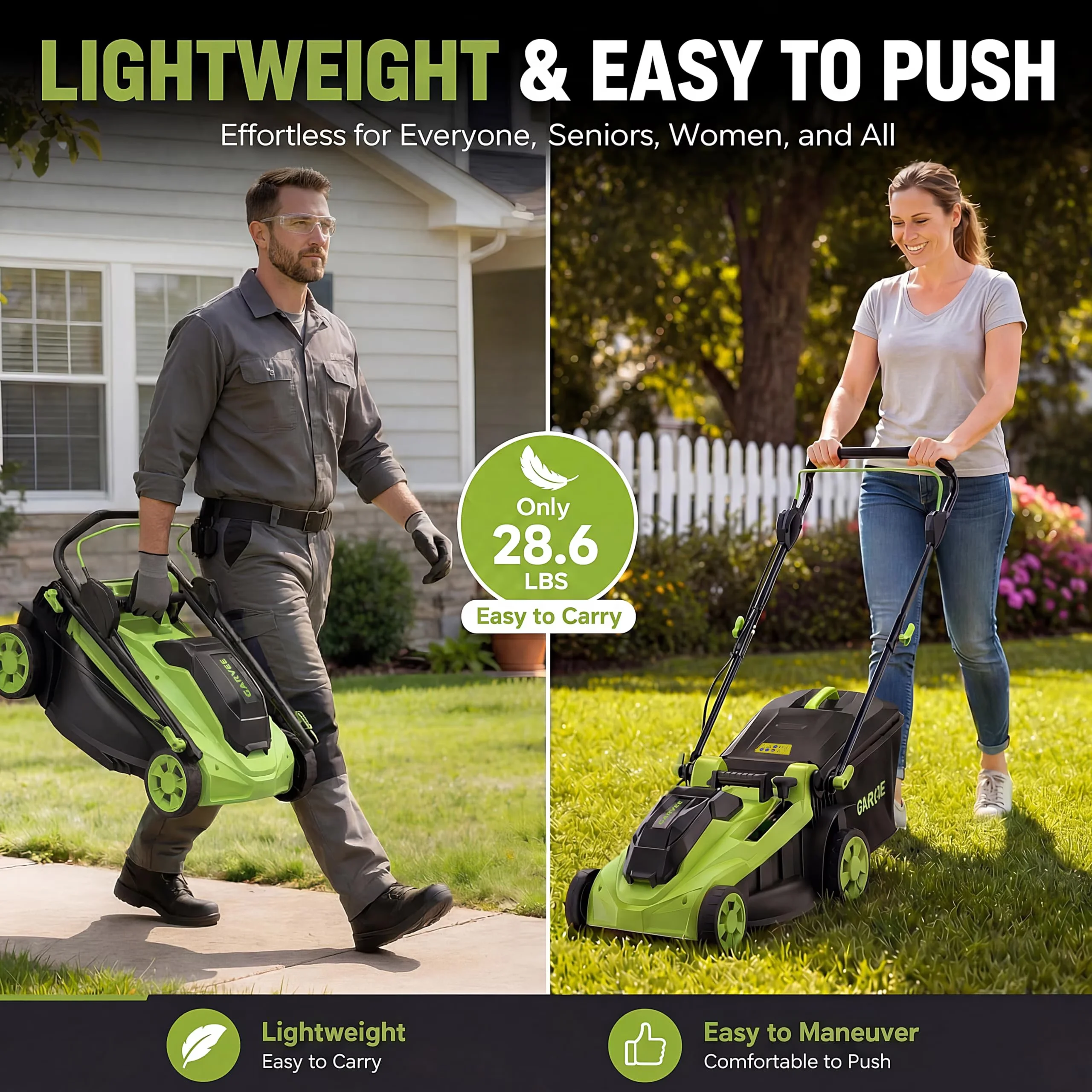 Durable Push Mower with 40V, Complete Battery & Charger Included, 2 in 1 Bagging Mulching Function - Model 7768BF