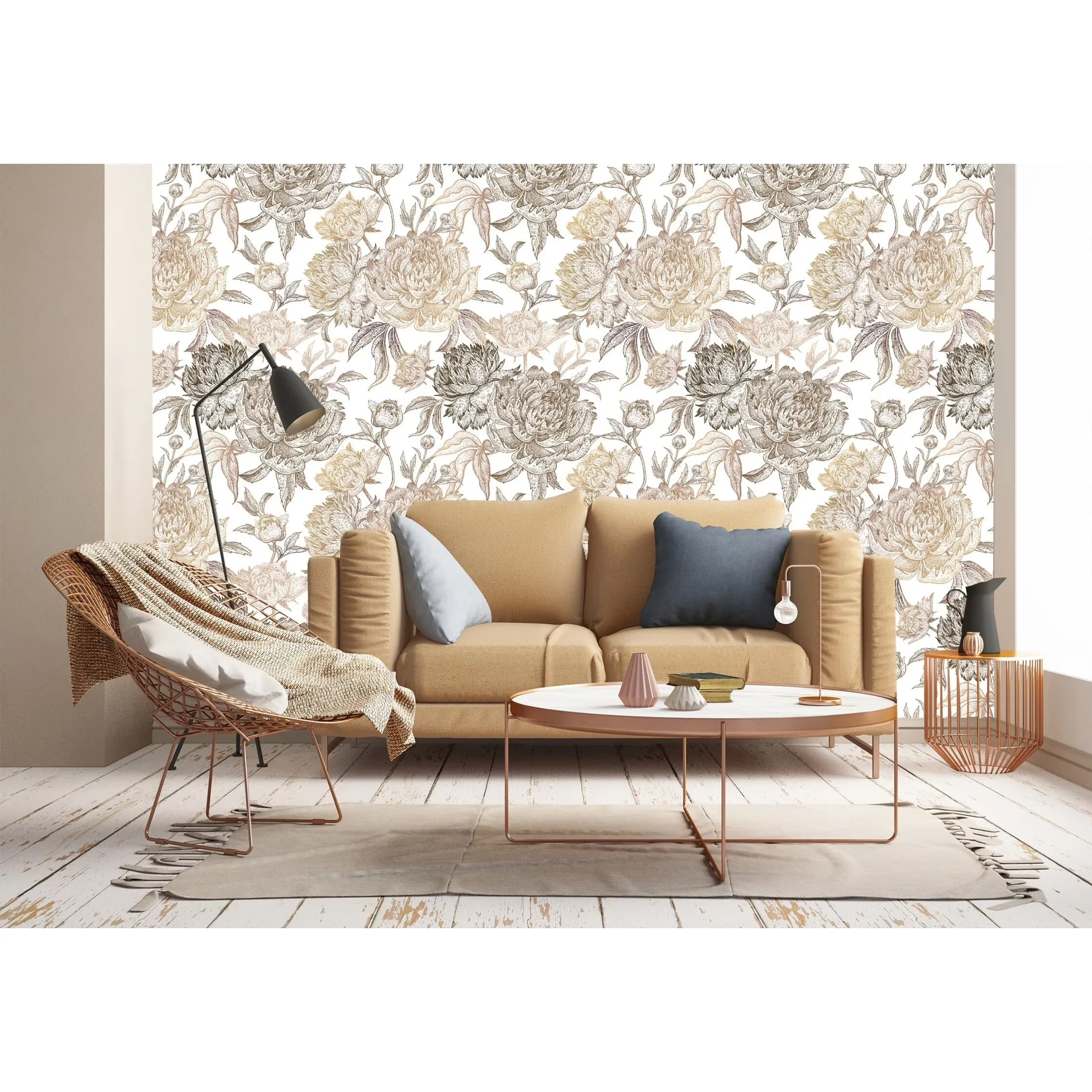 Versatile Wallpaper with Removable, 24'' inch x 10'ft, Summer Golden Peonies Peel and Stick - Gold Vinyl Model 47A54C