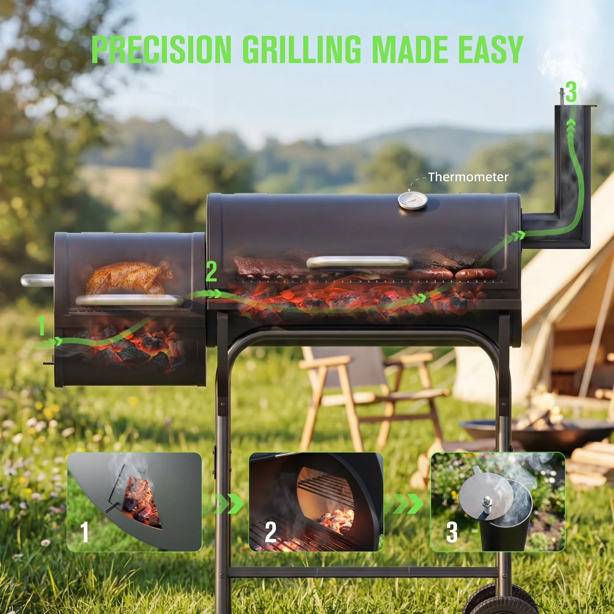 Durable Smoker with Storage Rack, Adjustable Air Vents, Offset Fire Box - Black Steel Model 44722B