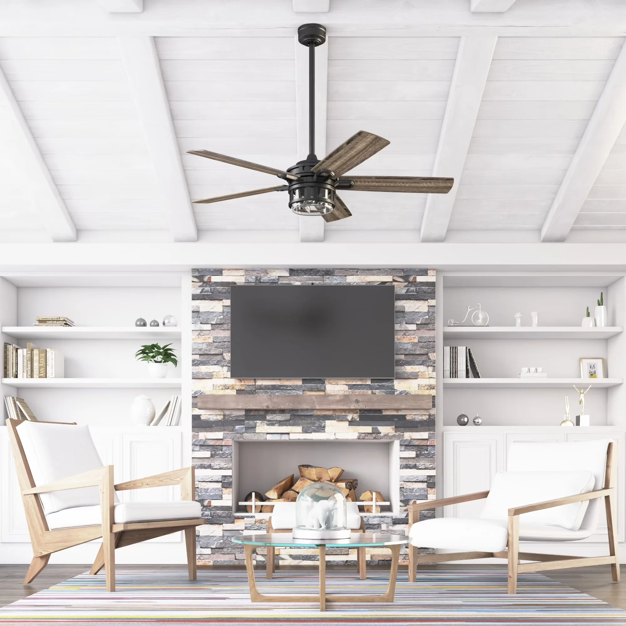 Efficient Ceiling Fan with LED, Contemporary, Industrial - Bronze, Beige, Multicolor Glass Model 9E7DBC