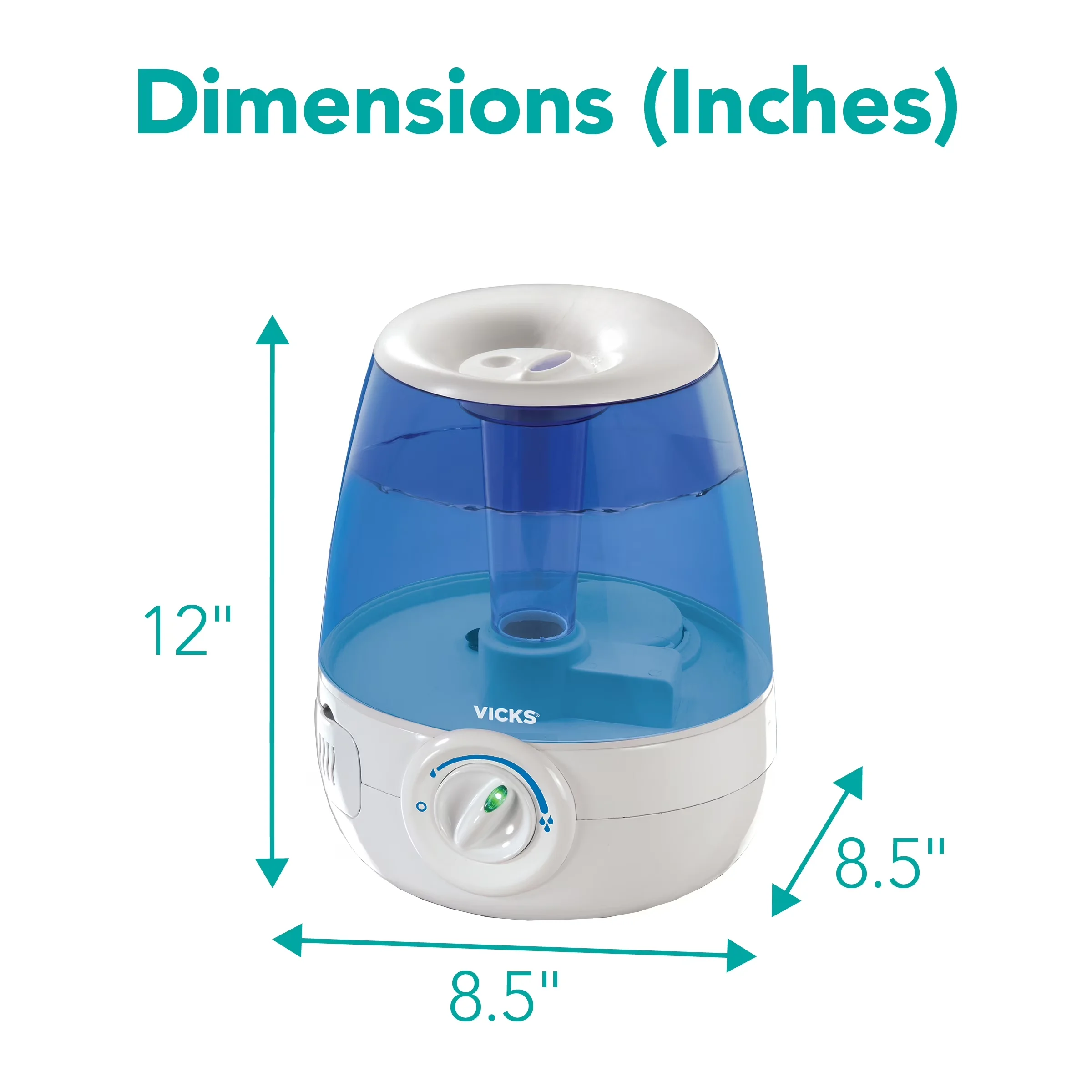 Stylish Humidifier with Automatic Shut-Off, White, Filter-Free Cool Mist - Blue Model 688407