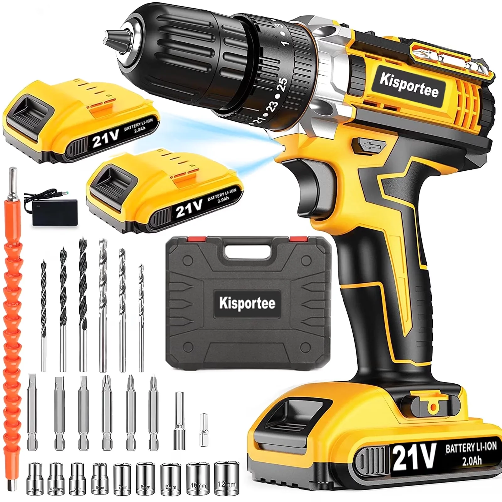 Quality Drills Driver with Battery, 21V, Anti-Slip - Yellow - Traditional Style Model 07138C