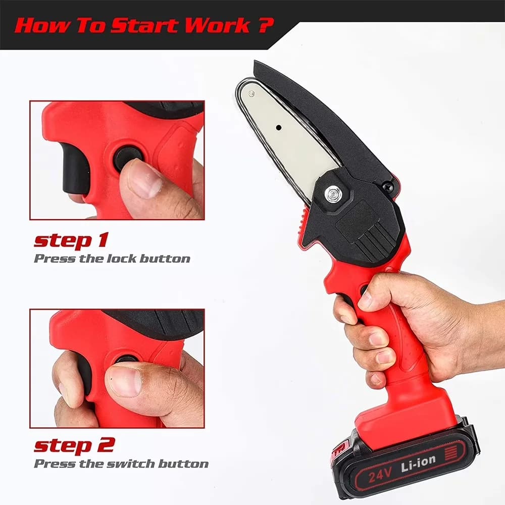 Professional Chainsaw with Battery, 24V, 6" Mini Cordless - Red - Low Maintenance Model E754DB