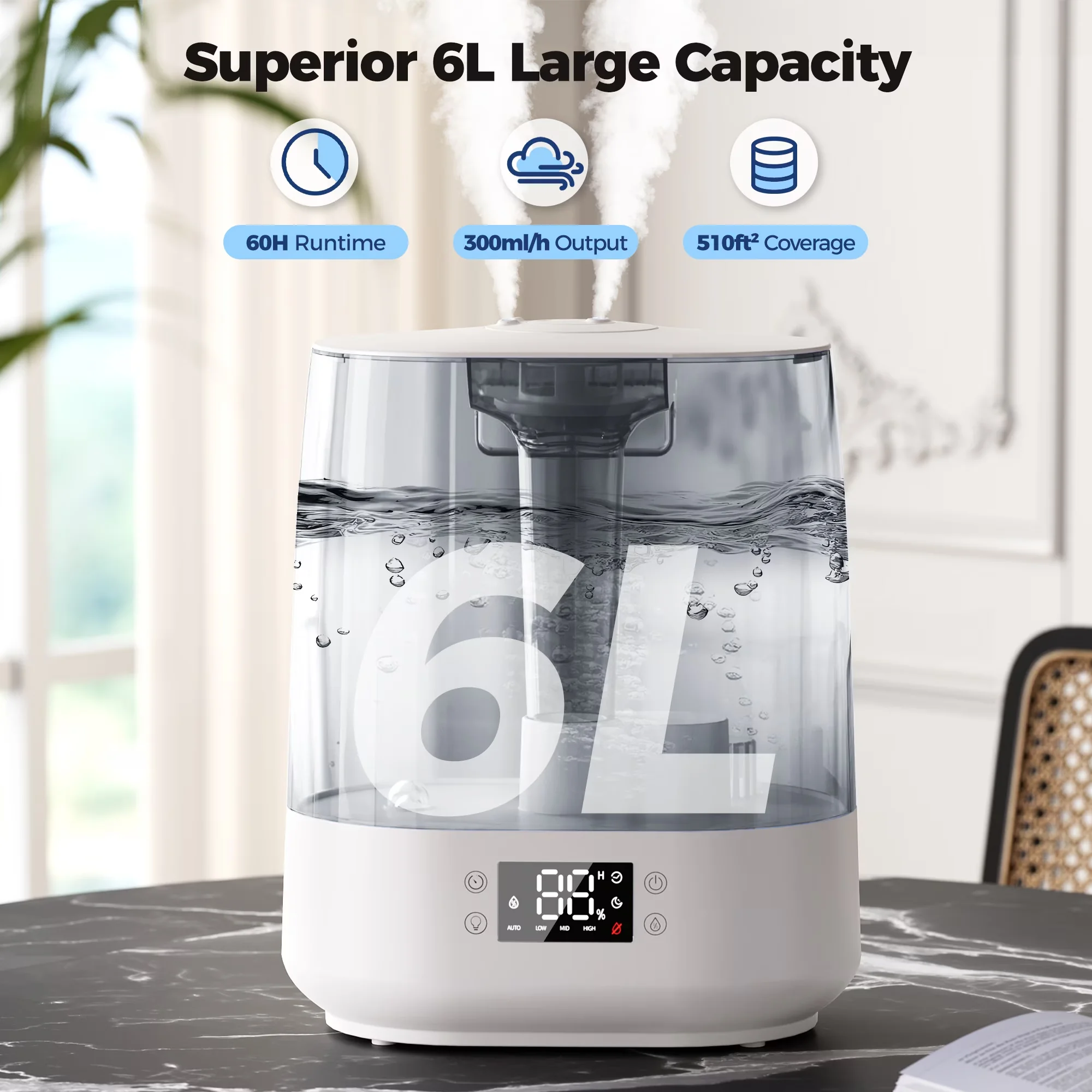 Humidifier Compact with Water Level Indicator, Adjustable Humidistat, Automatic Shut-Off - Gray Model 7708C6