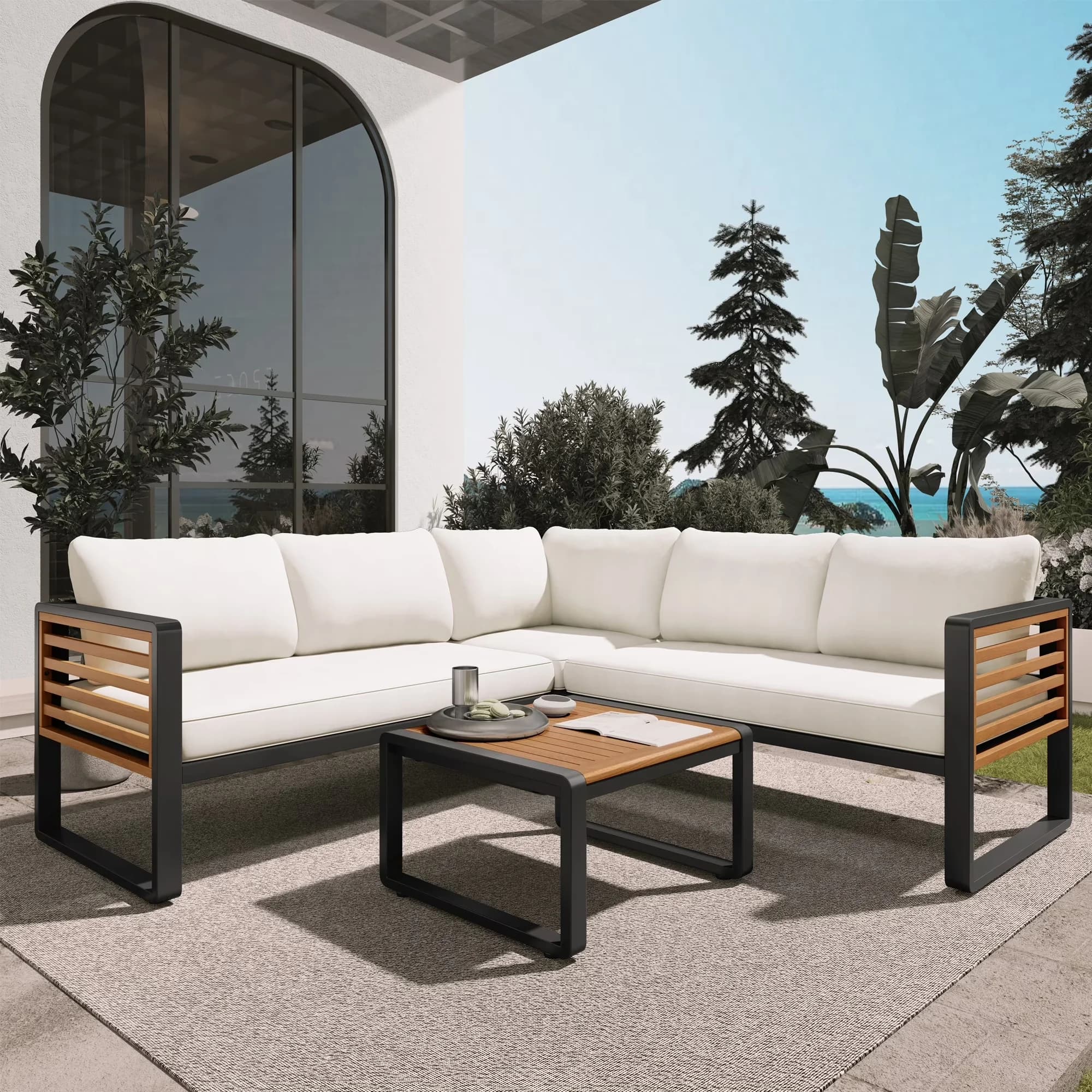 Versatile Outdoor Sofas Sectional with Removable Cushion Cover, Modern, Product Type: Patio Conservation Set - Beige Acacia... Model F14BF0