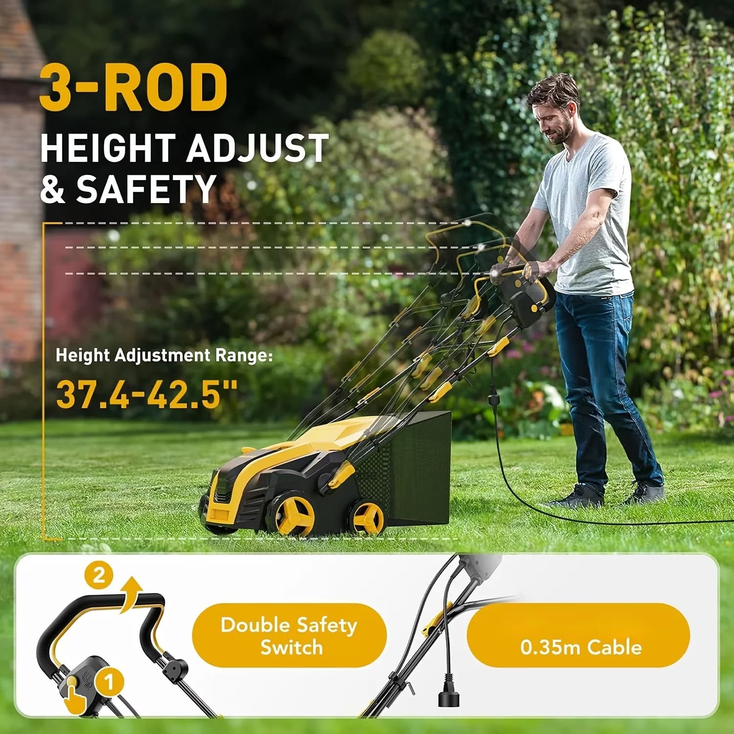 Premium Push Mower with Adjustable Cutting Height, Foldable Handle & 55L Collection Bag - Yellow Model E0B054