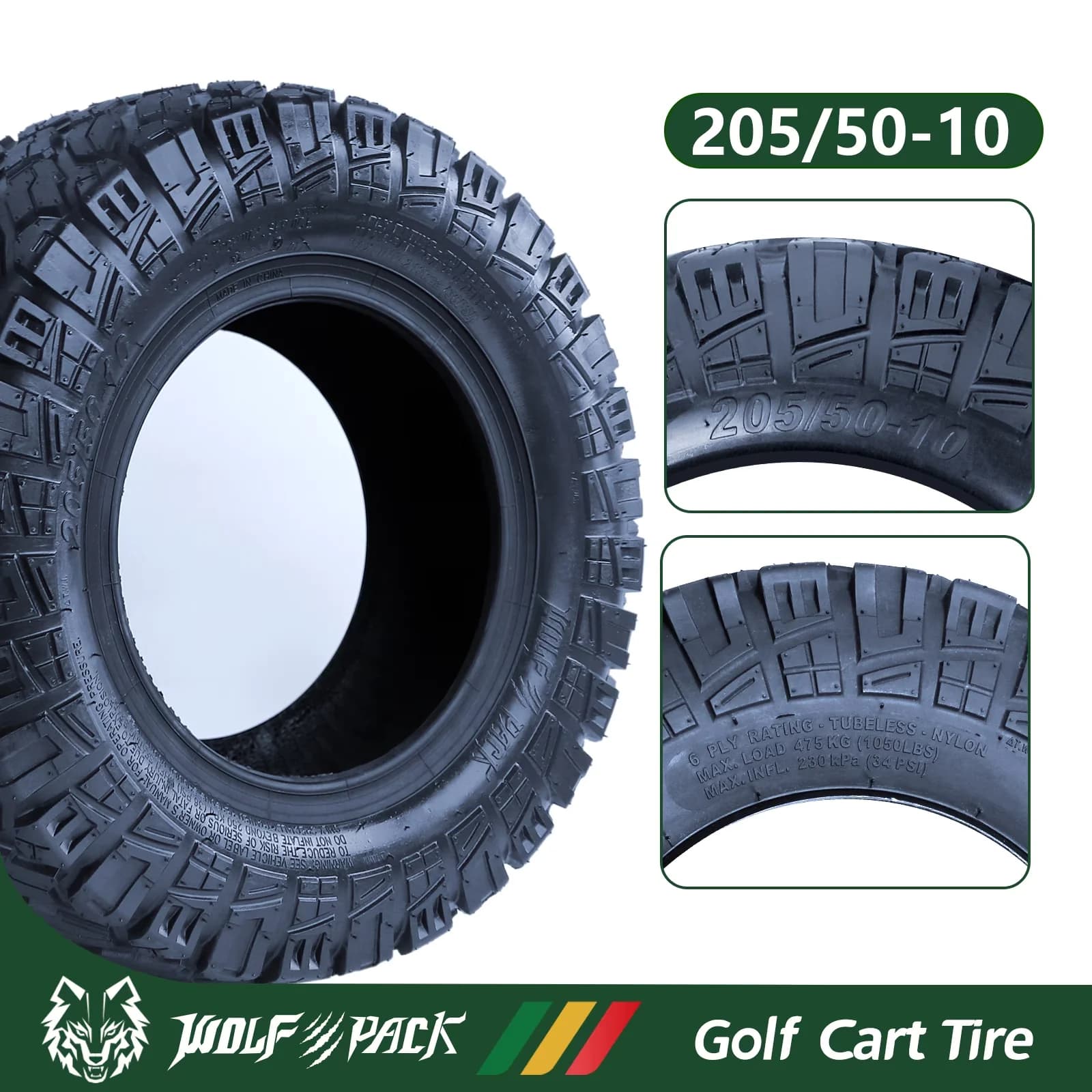 Golf Cart Tire Reliable with Tires 205/50-10 All Terrain Tubeless, Load Index: 67 - Model C39C77