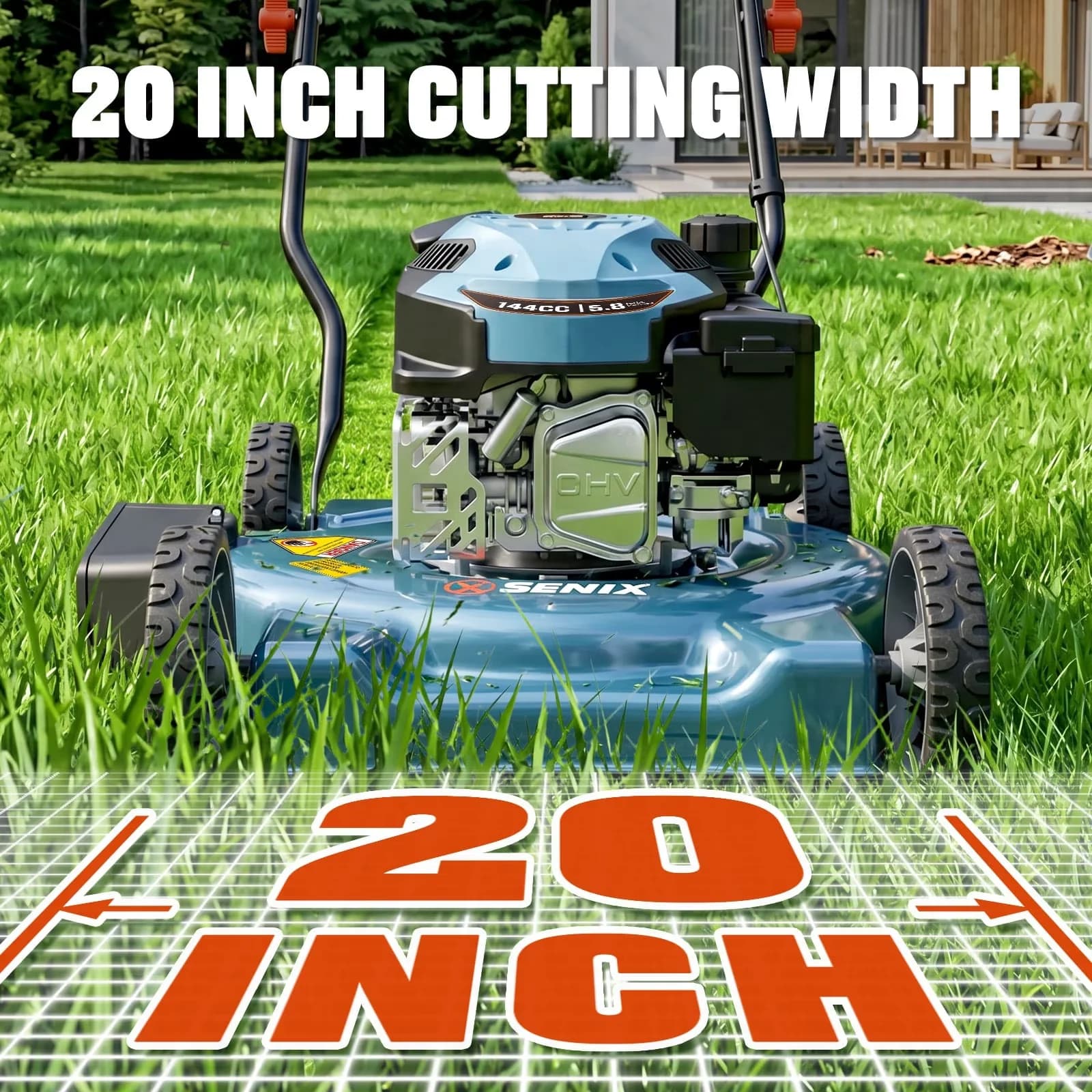 Durable Push Mower with Folding Handle, Adjustable Cutting Height, 20in Cutting Blade 21in Cutting Deck - Model EC3659