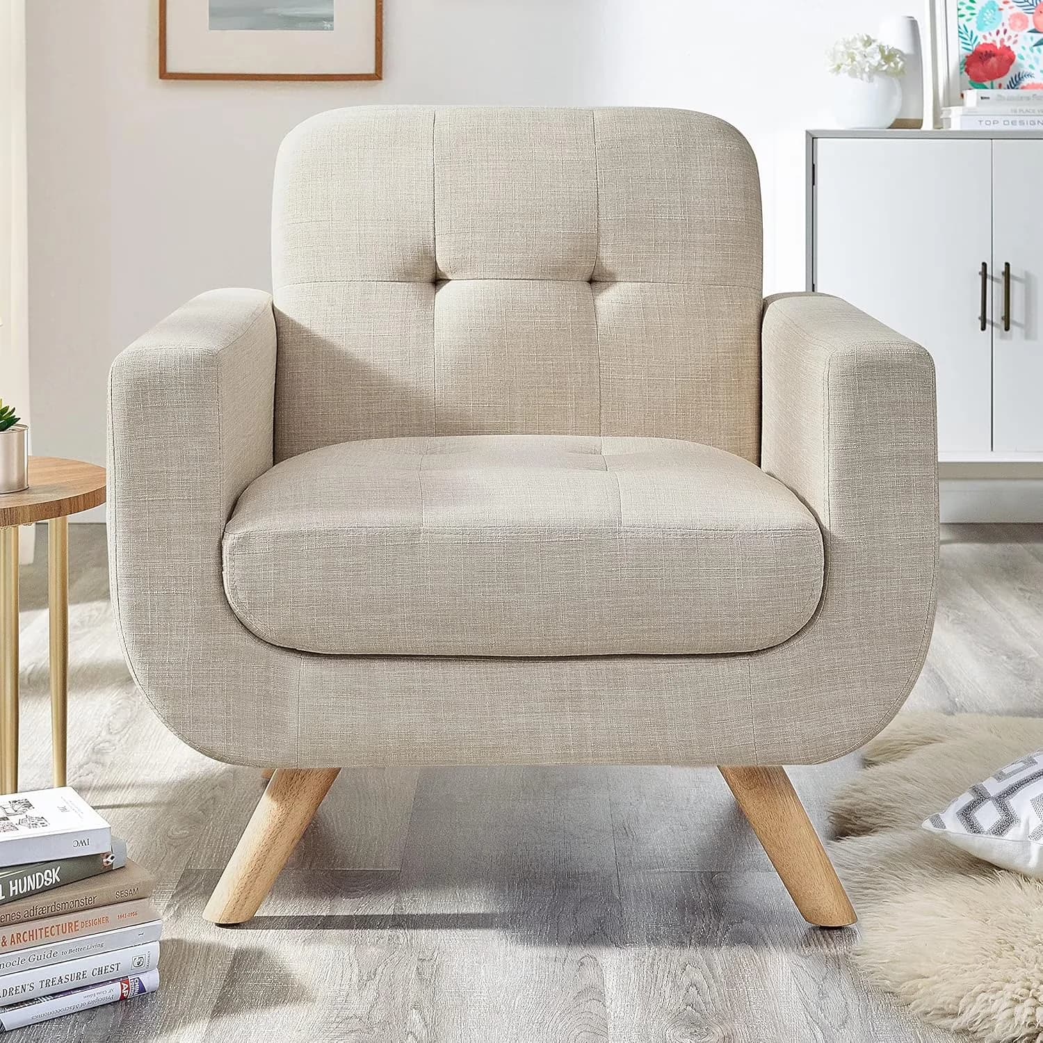 Compact Patio Chair with Nailhead Trim, Tufted - Wood Beige for Living Room Model 9C770D