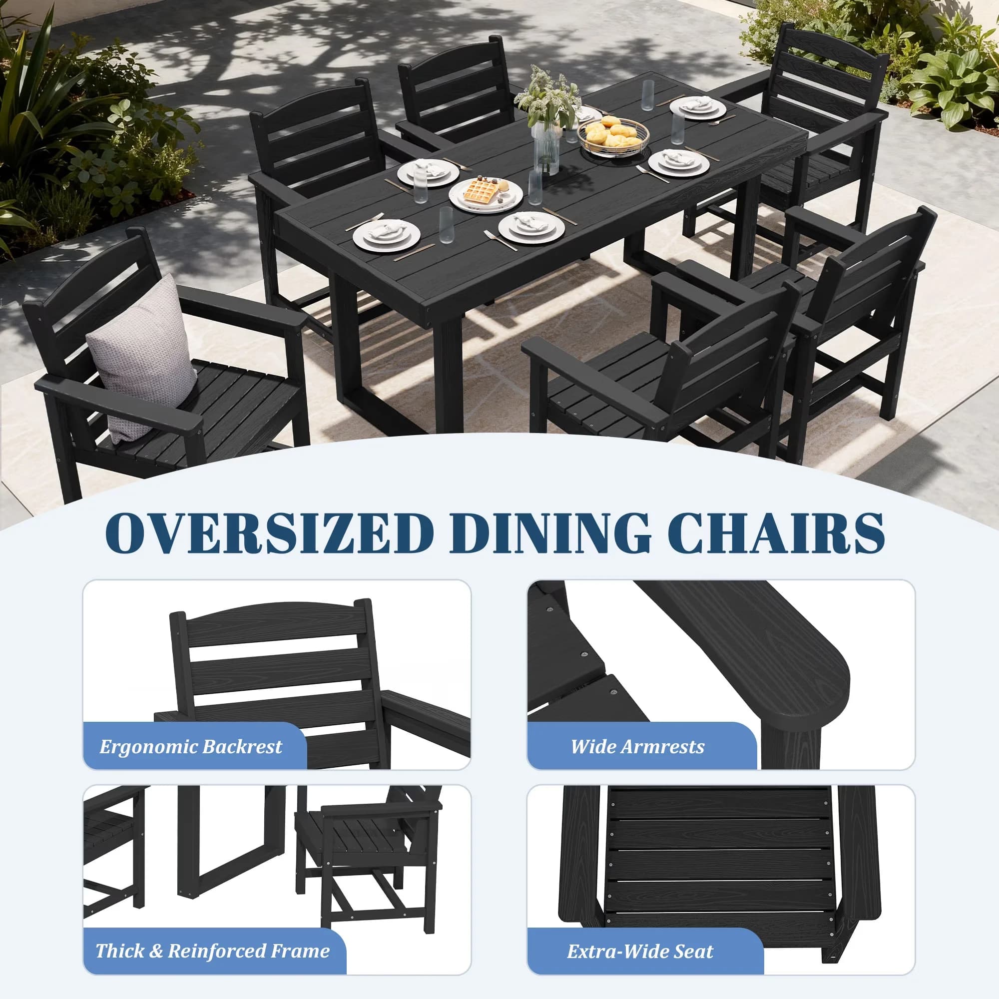 Stylish Patio Dining Set with Umbrella Hole, Seats 6, Rectangular Table - Black 7-Piece Model 9570B4