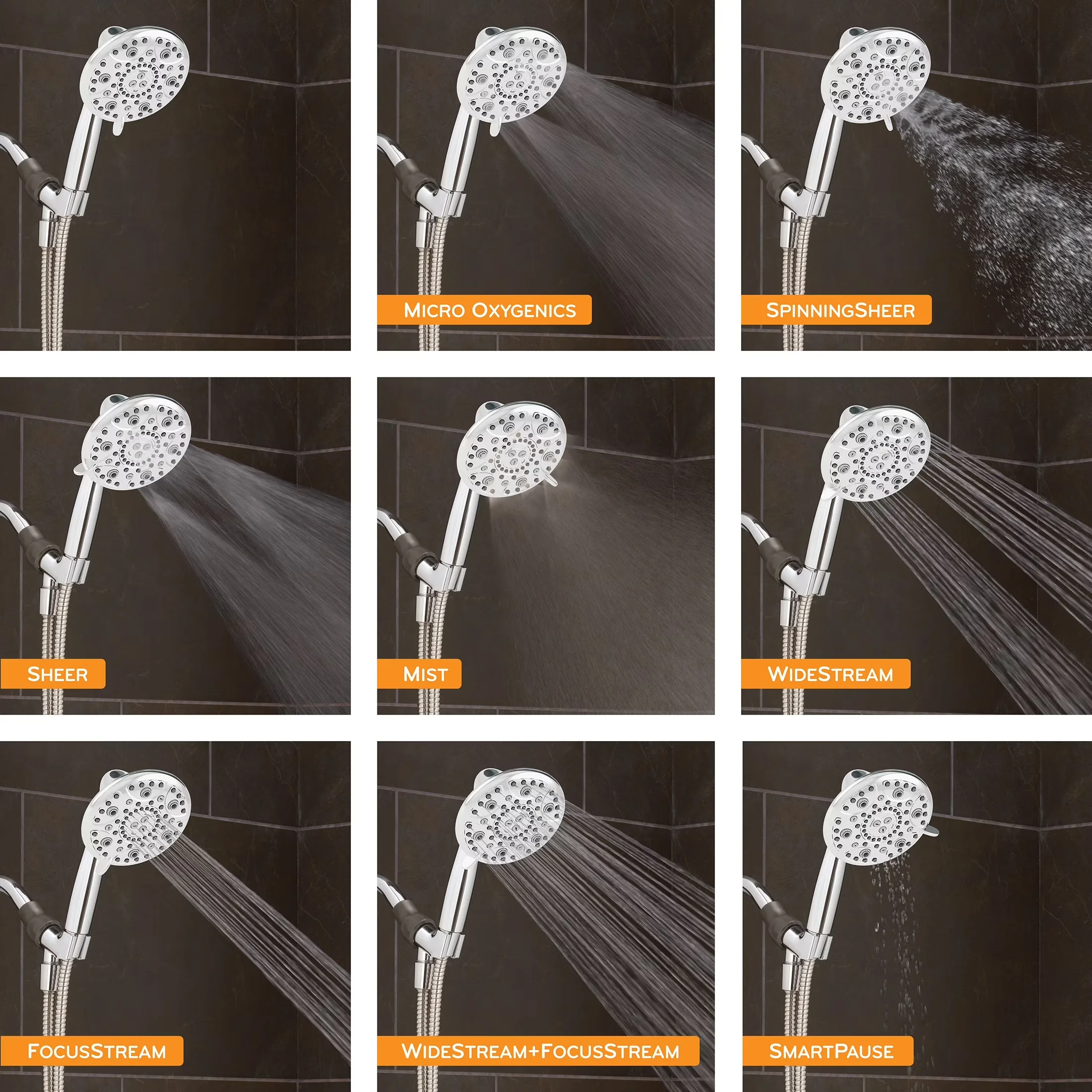 Classic Shower Head with High Pressure, 72 Inch Hose, Rush 8-Setting Chrome Handheld - Abs Silver Model A61F1D