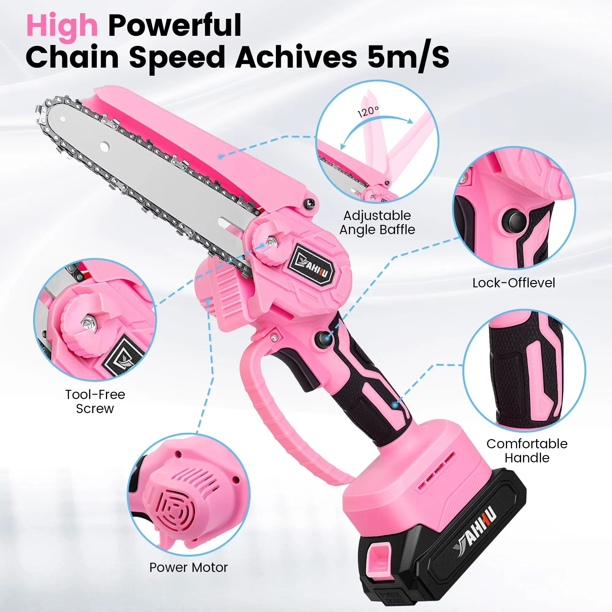 Chainsaw Classic with Battery, 21V, Tool-Less Chain Tensioning - Pink - Low Maintenance Model 541295