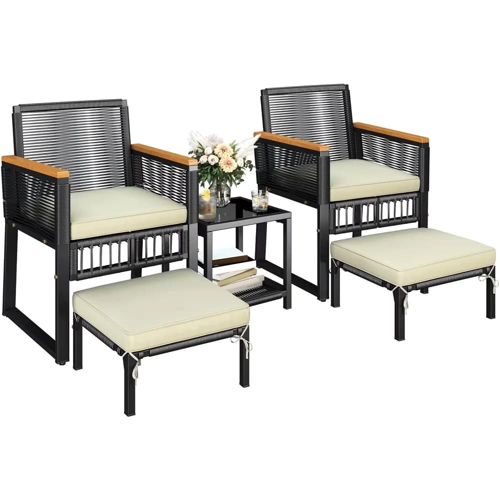 Quality Patio Conversation Set with Weatherproof, 5-Piece Outdoor Furniture, Ottoman (ea.): 19"W × 16.5"D × 9.5'H - Black/Beige Pe... Model A8DC2A
