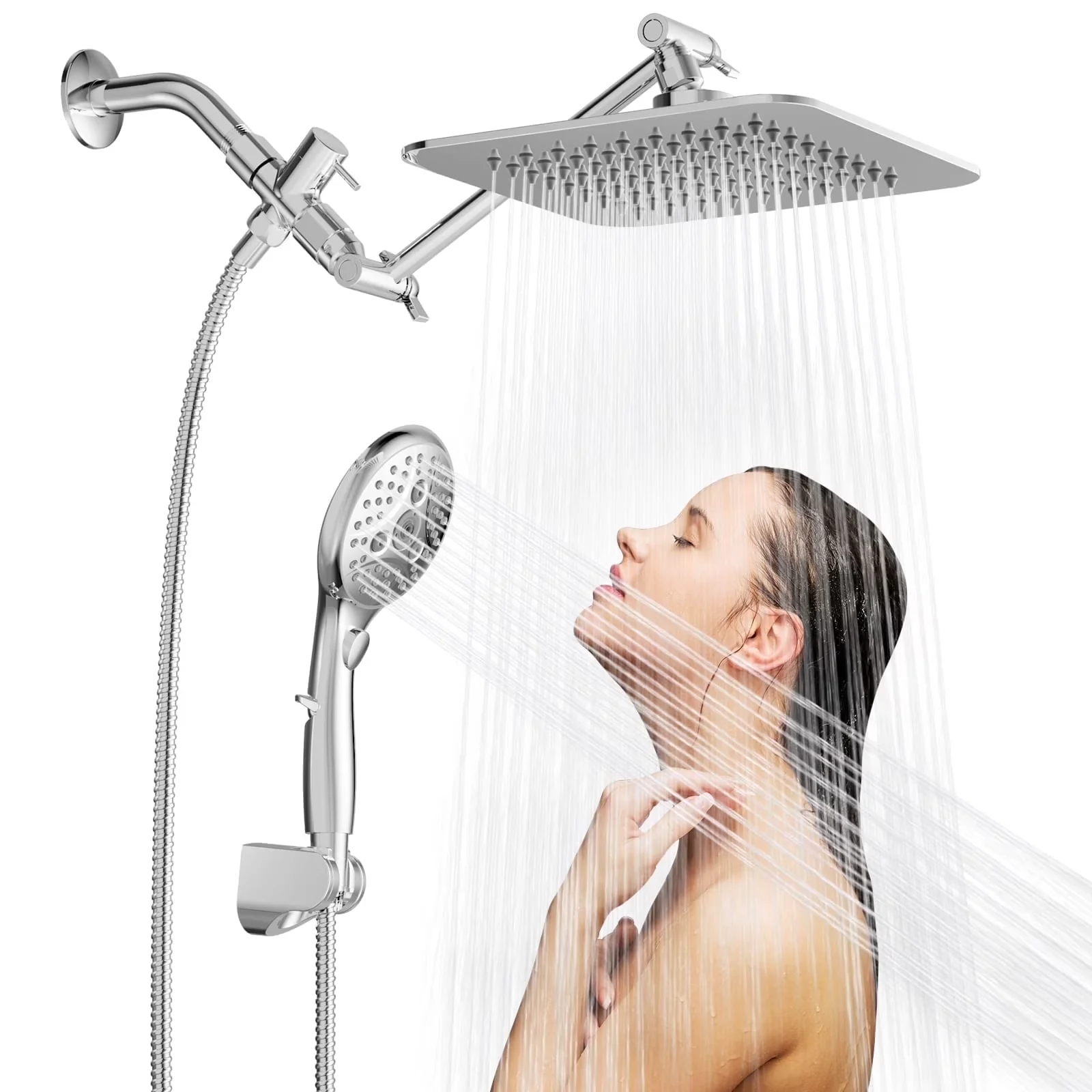 Stylish Shower Head with Adjustable, High Pressure Heads, 8” Rain - Stainless Steel 8" Model B1E302