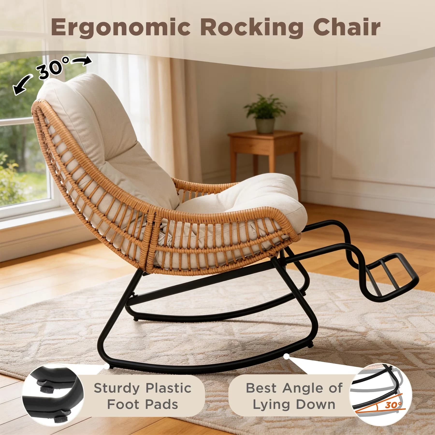 Compact Patio Chair with Fade Resistant, Mold Resistant, Reclining - Pe Rattan,Steel,Sponge,Polyester Beige for Living Room, Garden Model E066F7