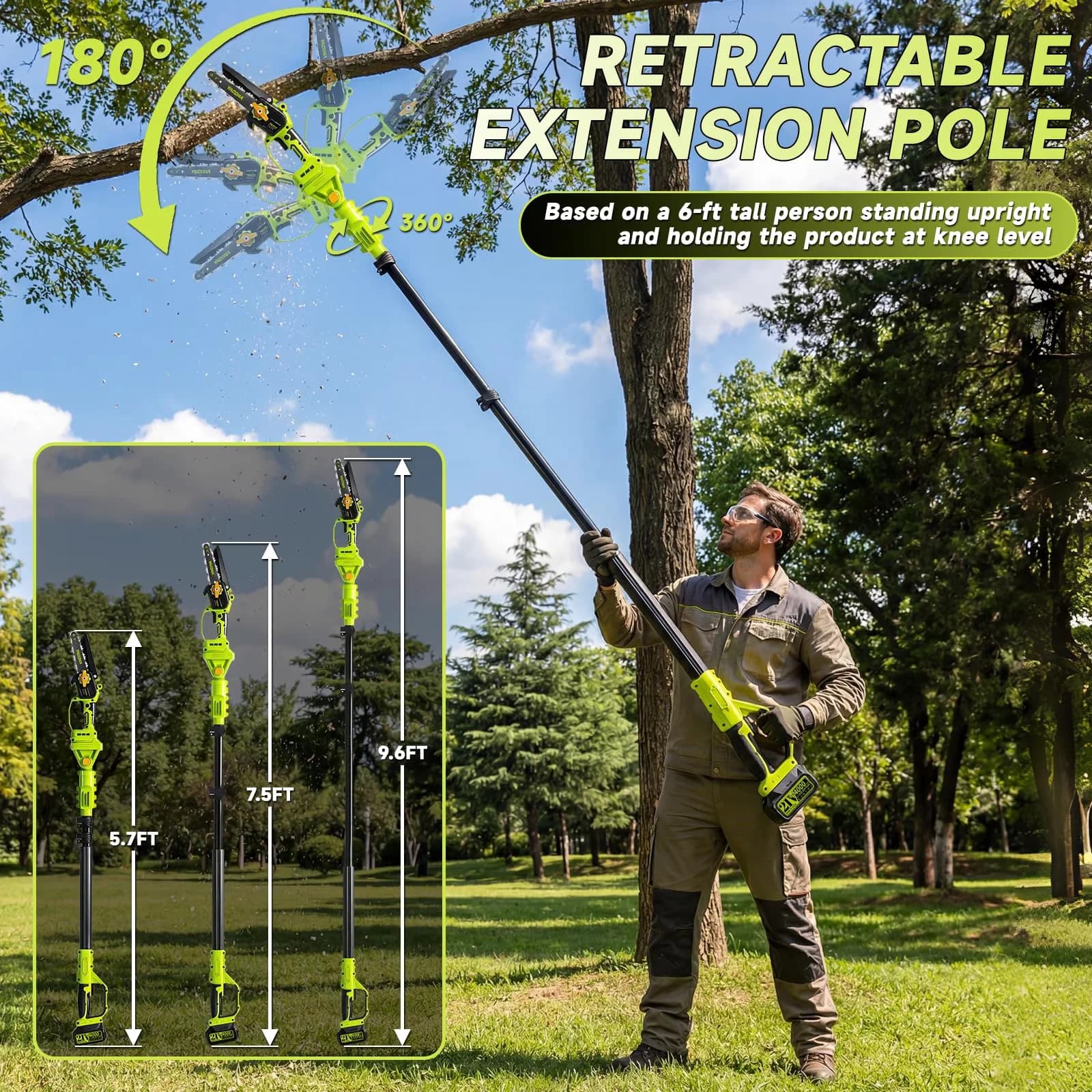 Innovative Pole Saw with Battery, 21V, Telescoping - Green - Contemporary Style Model 8B218B