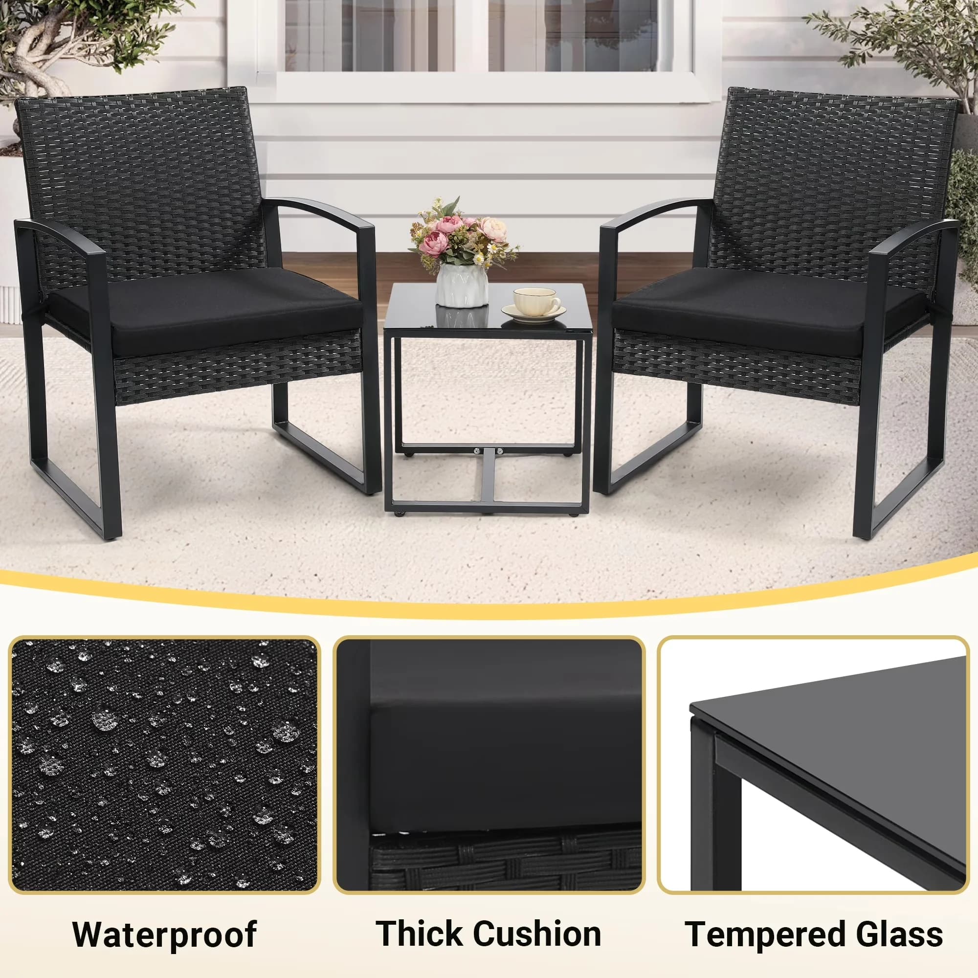 Stylish Patio Conversation Set with Weather-Resistant, 3 Piece Wicker Bistro, Perfect - Black Powder-Coated Metal, Rattan Model C2166C