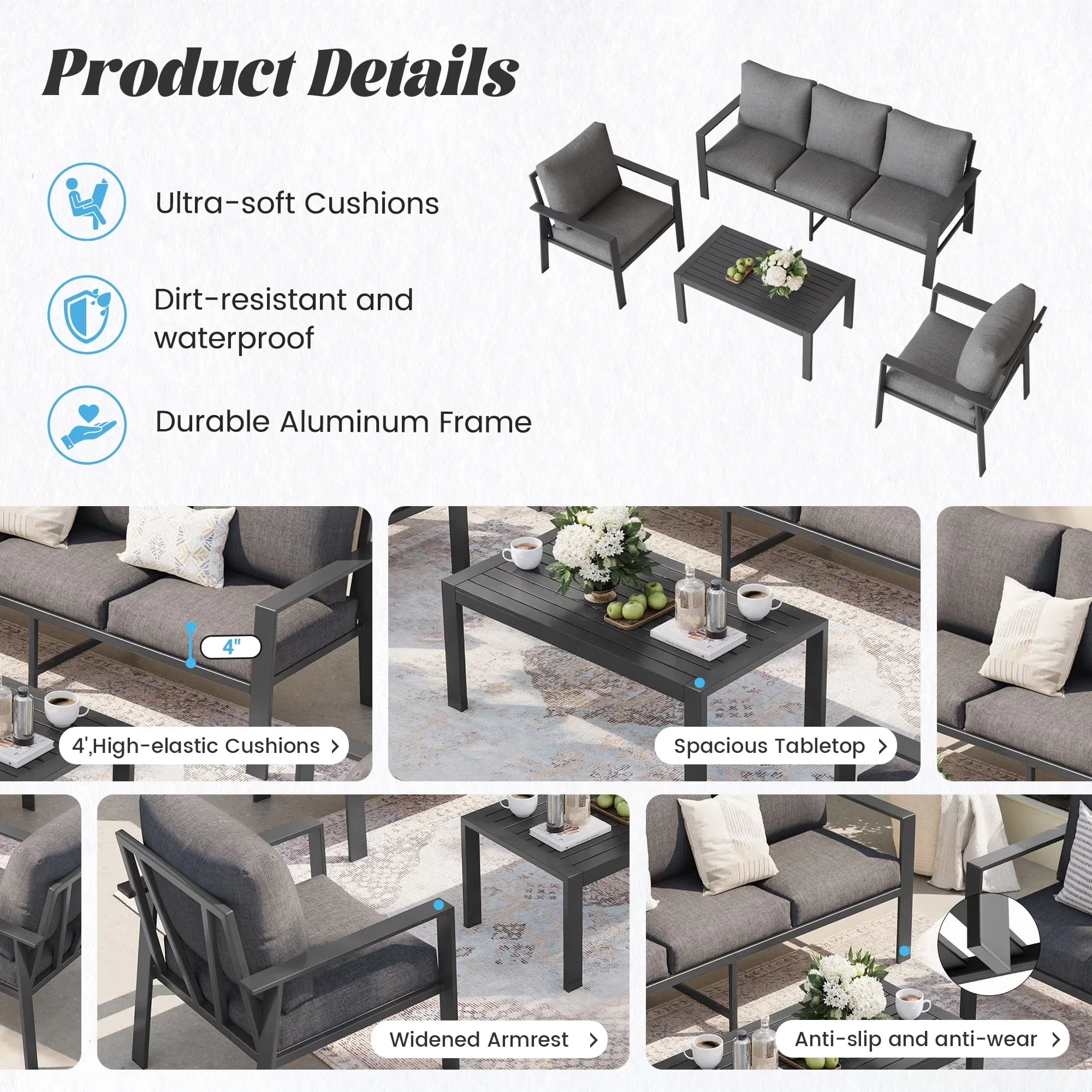 Premium Patio Conversation Set with Weatherproof, Coffee Table - Aluminum Gray Model 72AF62