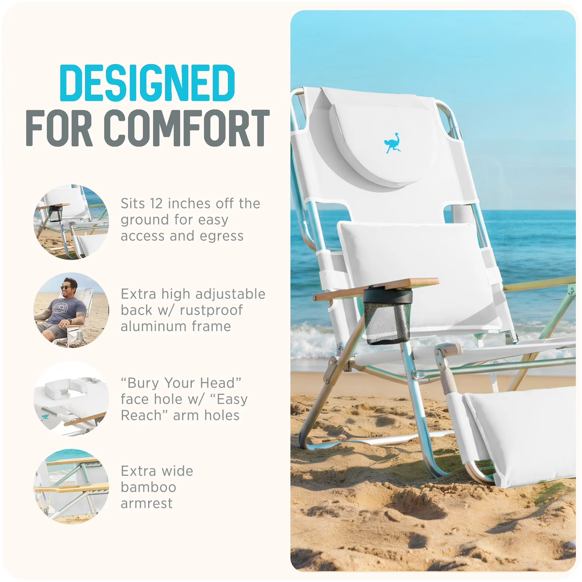 Beach Chair Classic with Folding, White - 3N1 - Professional Series Model 240DA4