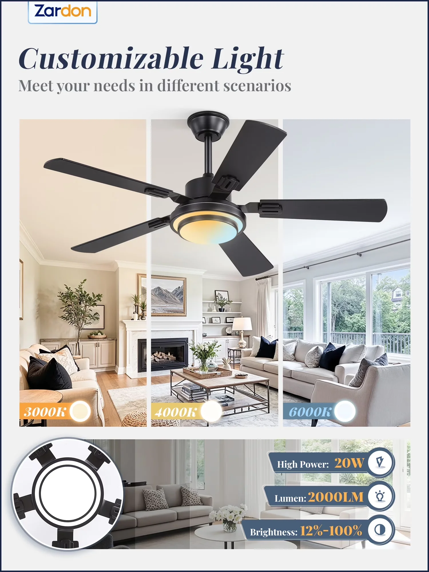 Essential Ceiling Fan with LED, Modern, Remote Controlled - Black Acrylic Model 047F1E