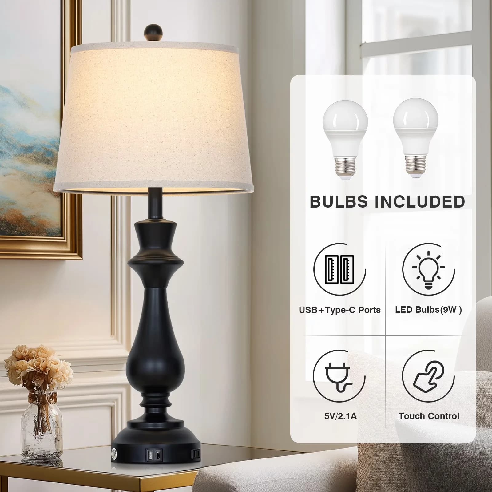 Sleek Lamp with LED, Power Outlet, Dimmable - Metal Black for Living Room, Bedroom Model 985436