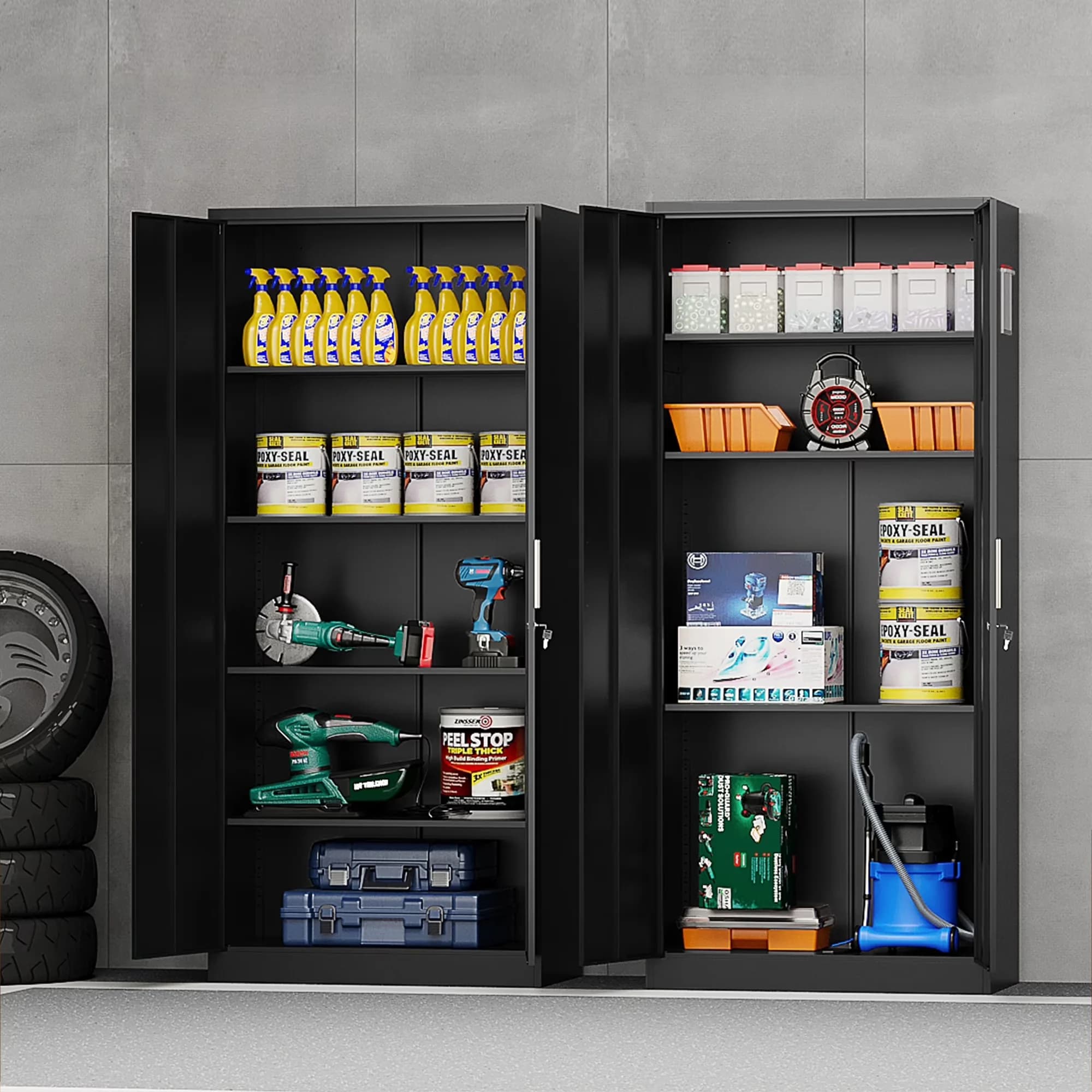 Garage Storage Supply Durable with Lockable, Adjustable Shelves - Black Metal for Office, Home Model D3C776