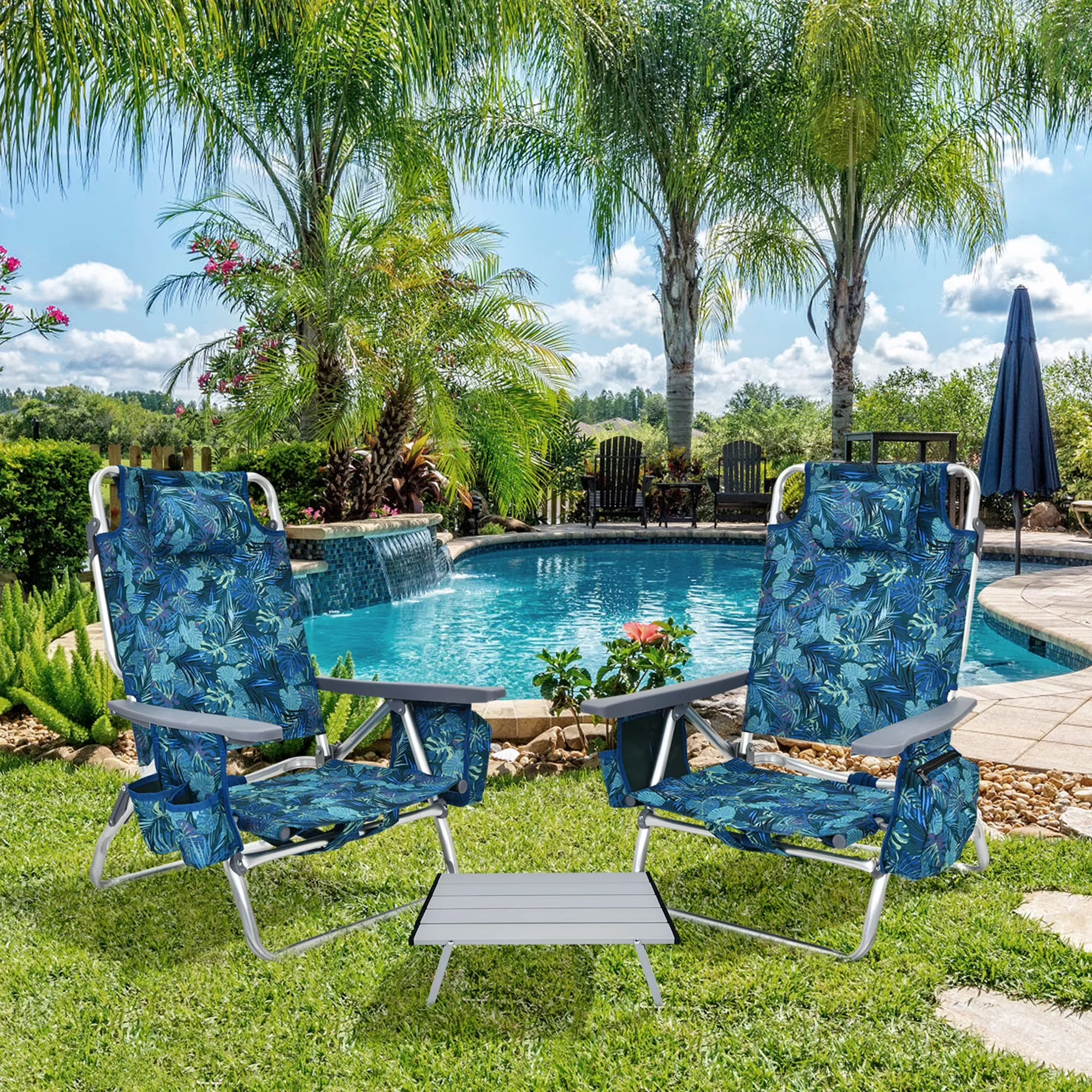 Modern Beach Chair with Folding, Adjustable - Pvc Blue 3PCS - Rustic Charm Model 3BA154