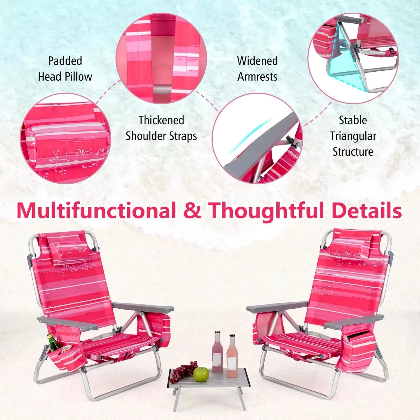Beach Chair Premium with Reclining, Collapsible - Pink Folding - Ergonomic Design Model 06C7C5