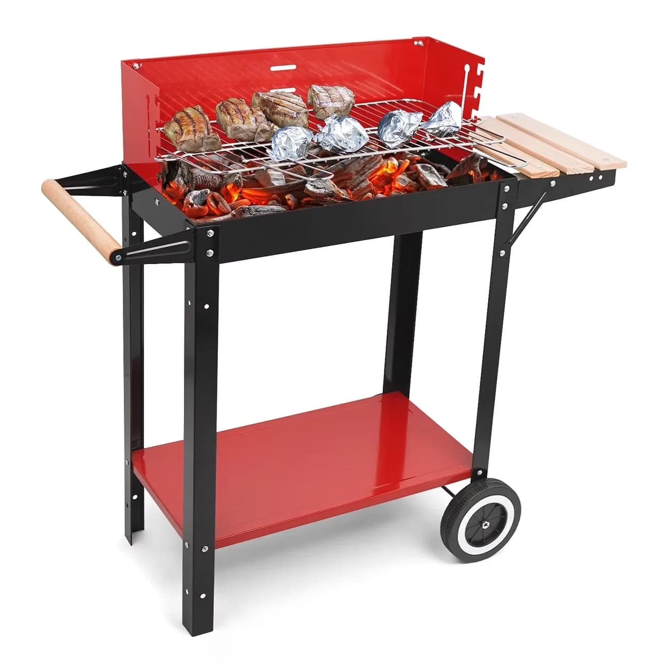 Compact Charcoal Grill with Portable, Square BBQ - Stainless Steel Red for Outdoor, Camping Model 6A08CA