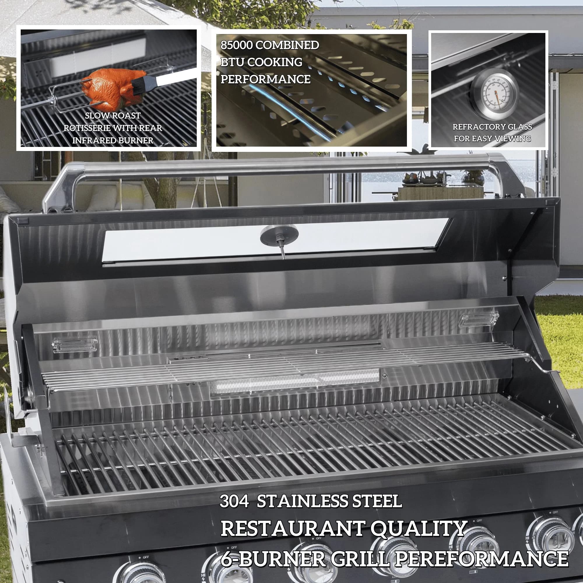 Sleek Gas Grill with 72000 BTU, Heat Thermometer, Rust Resistant - Stainless Steel Black Model 6FA617