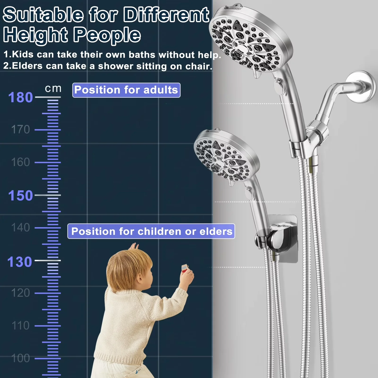 Shower Head Versatile with Adjustable Heads, Easy To Clean, Adjustable Angle - Stainless Steel Silver for Bathroom Model F1340B