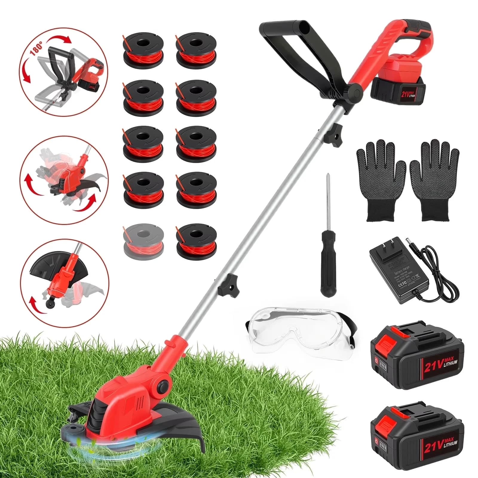 String Trimmer Versatile with Battery, Extendable, Auto Line Feed - Red Model 921276