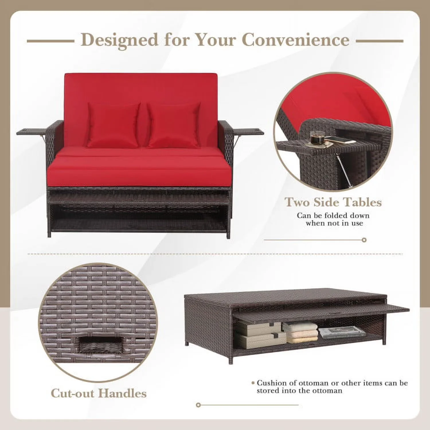 Versatile Outdoor Sofas Sectional with Modern, Storage - Red Pe Rattan, Metal, Polyester, Sponge for Patio Model EB0853